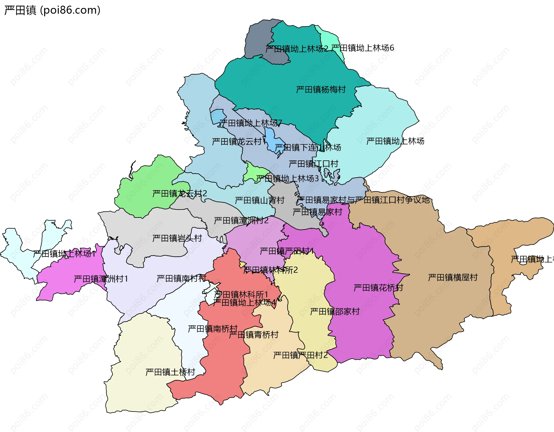 严田镇边界地图(五级行政区划)