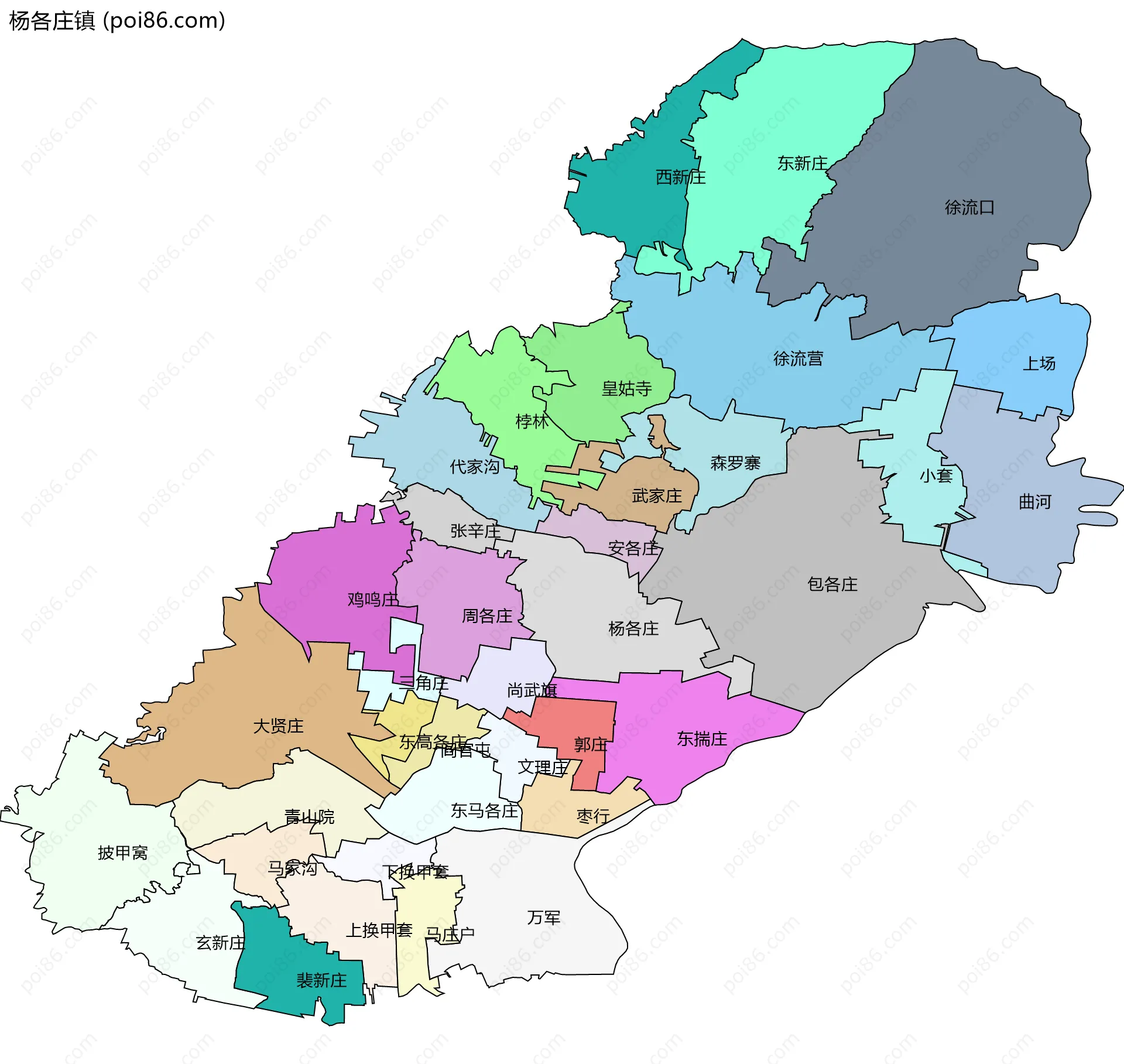 杨各庄镇边界地图(五级行政区划)