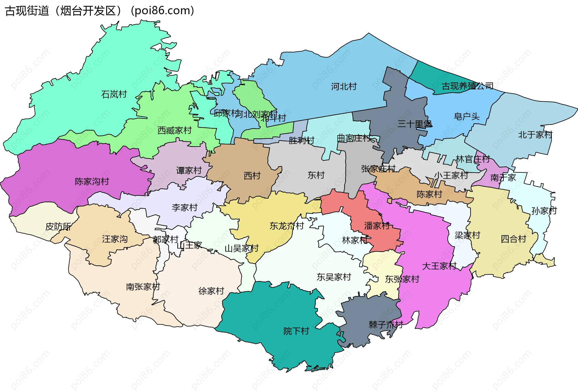 古现街道（烟台开发区）边界地图(五级行政区划)