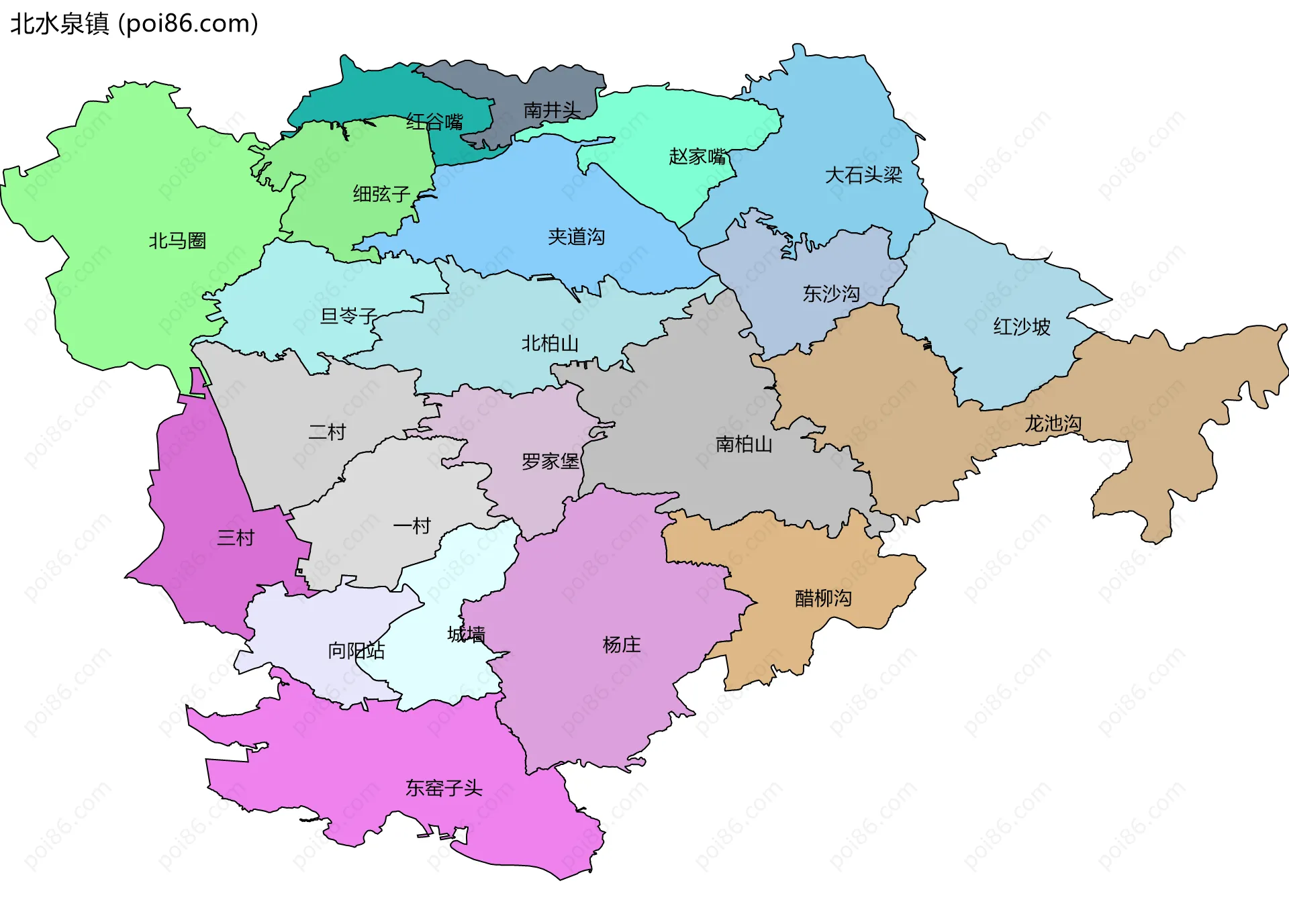 北水泉镇边界地图(五级行政区划)
