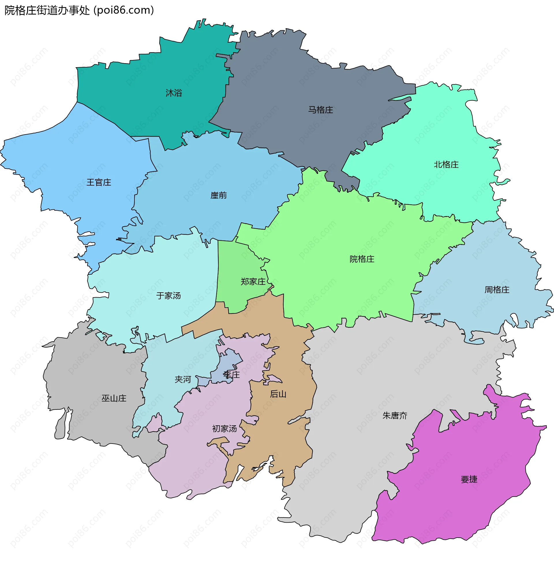 院格庄街道办事处边界地图(五级行政区划)