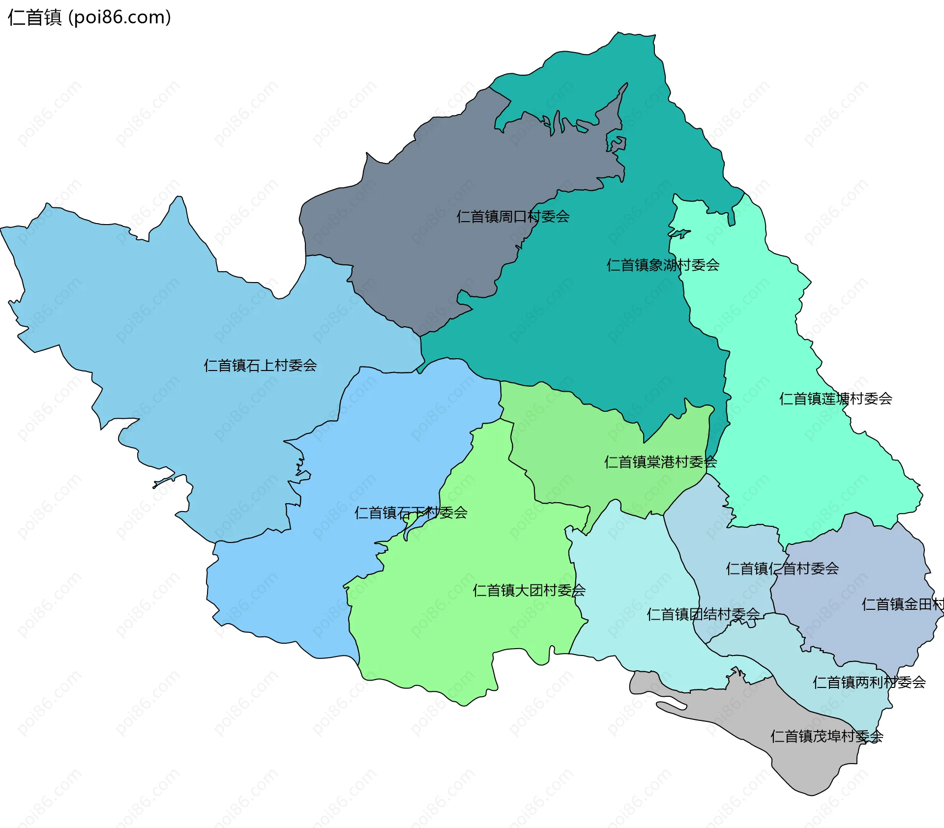 仁首镇边界地图(五级行政区划)