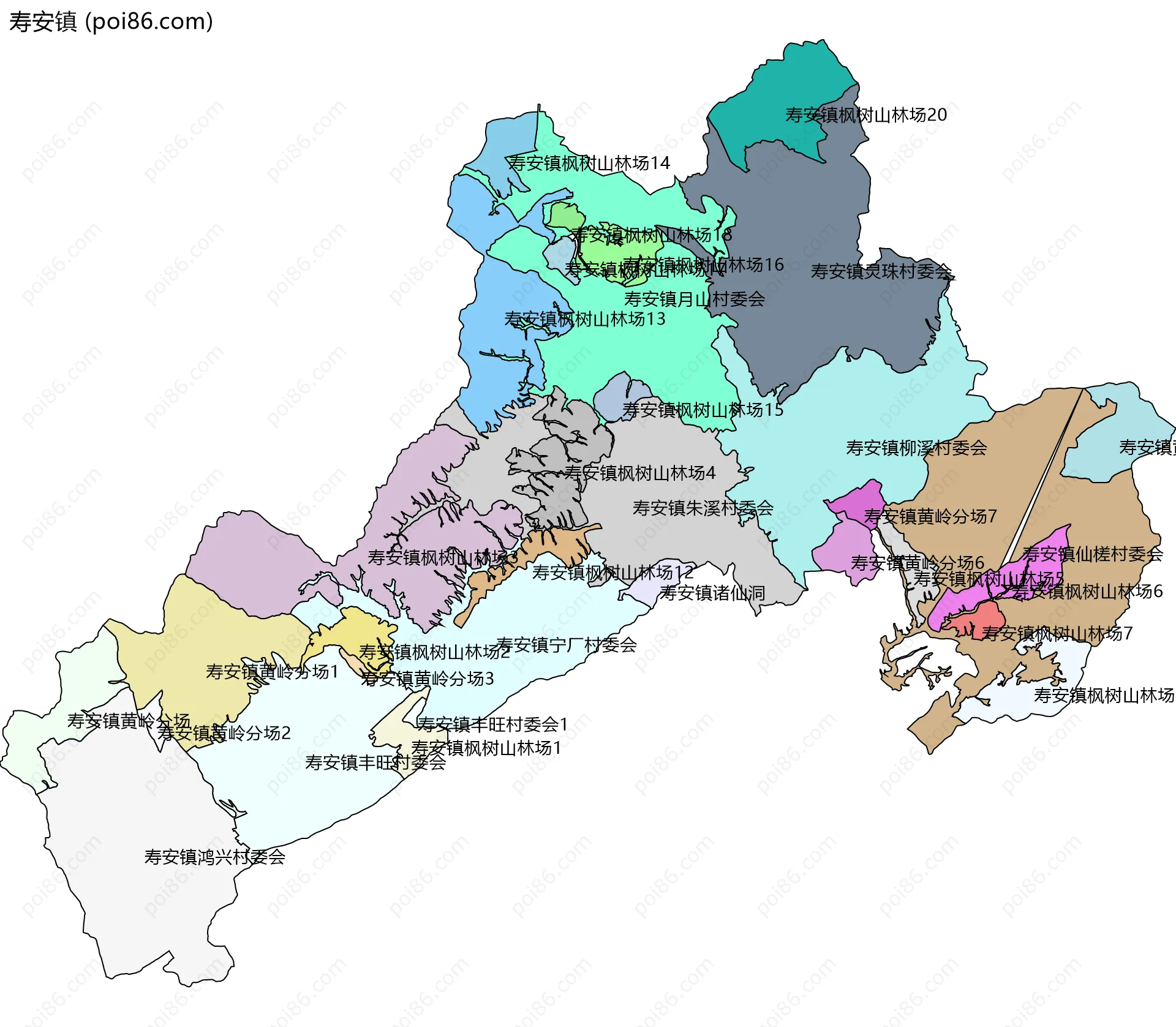 寿安镇边界地图(五级行政区划)