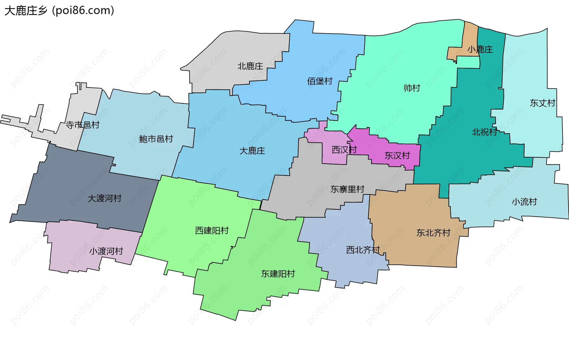 大鹿庄乡边界地图(五级行政区划)