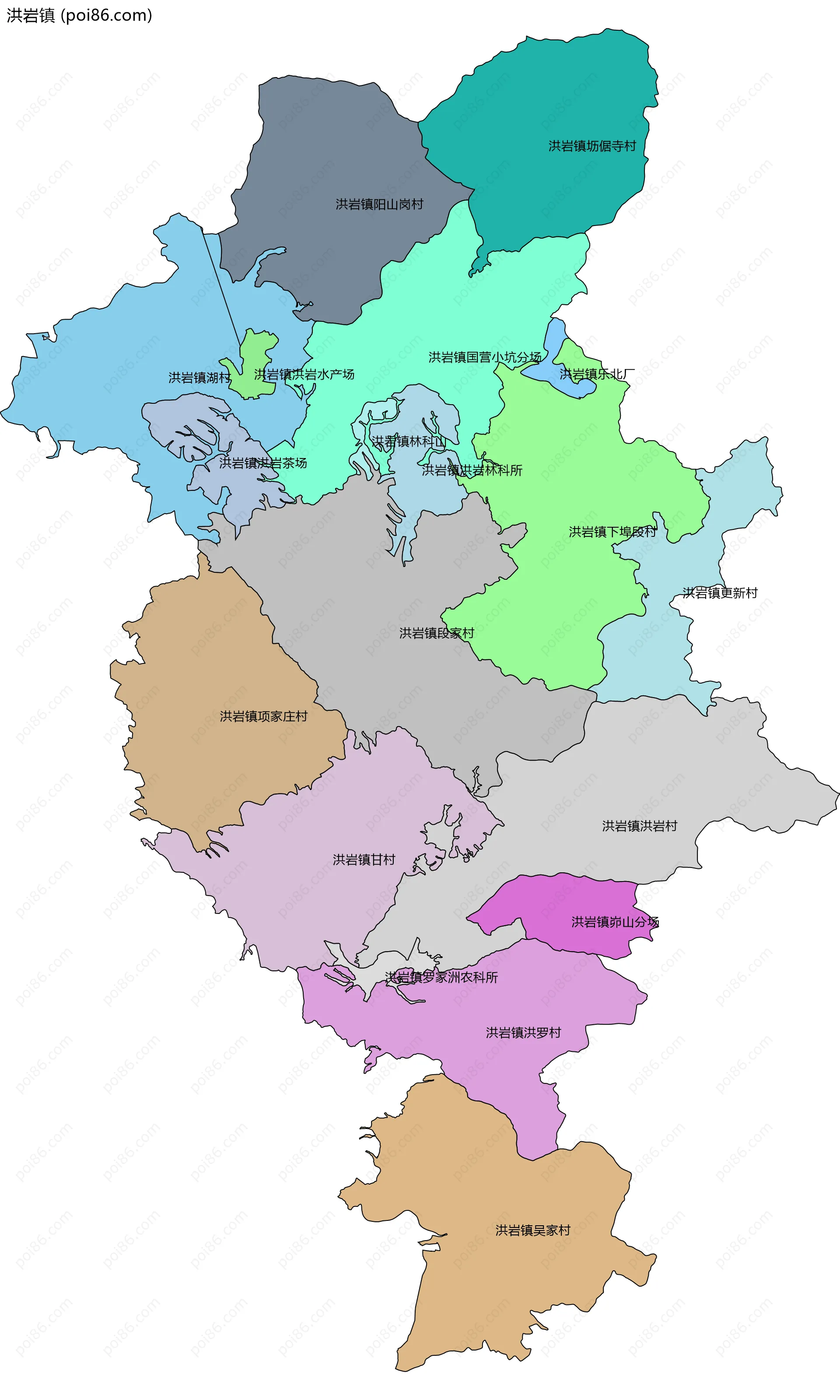 洪岩镇边界地图(五级行政区划)