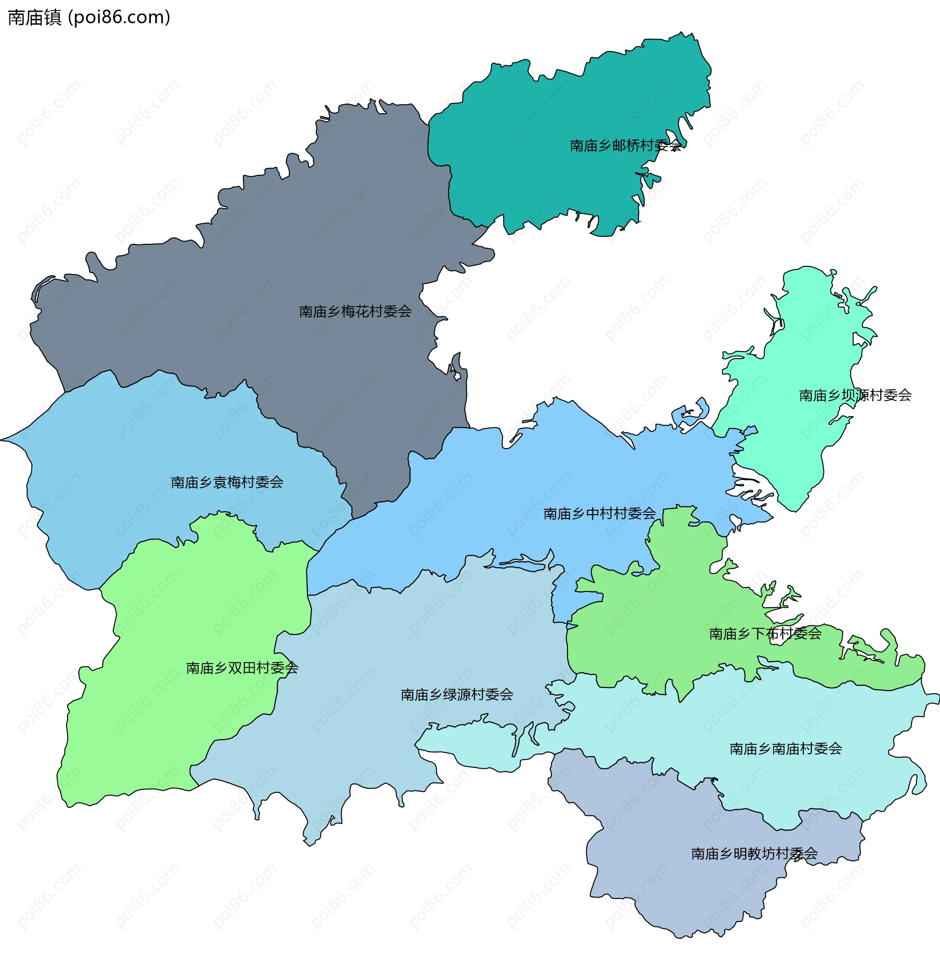 南庙镇边界地图(五级行政区划)