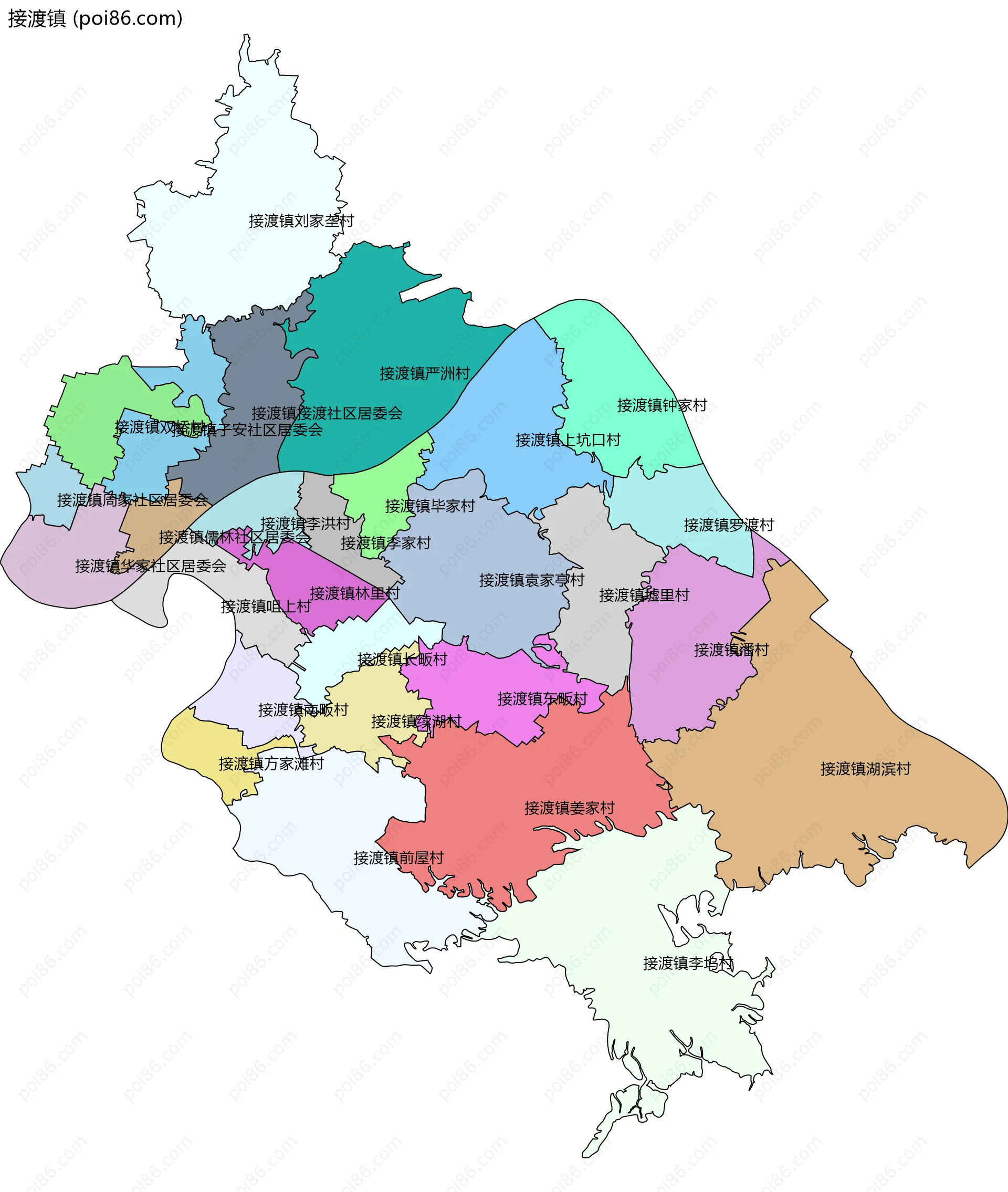 接渡镇边界地图(五级行政区划)