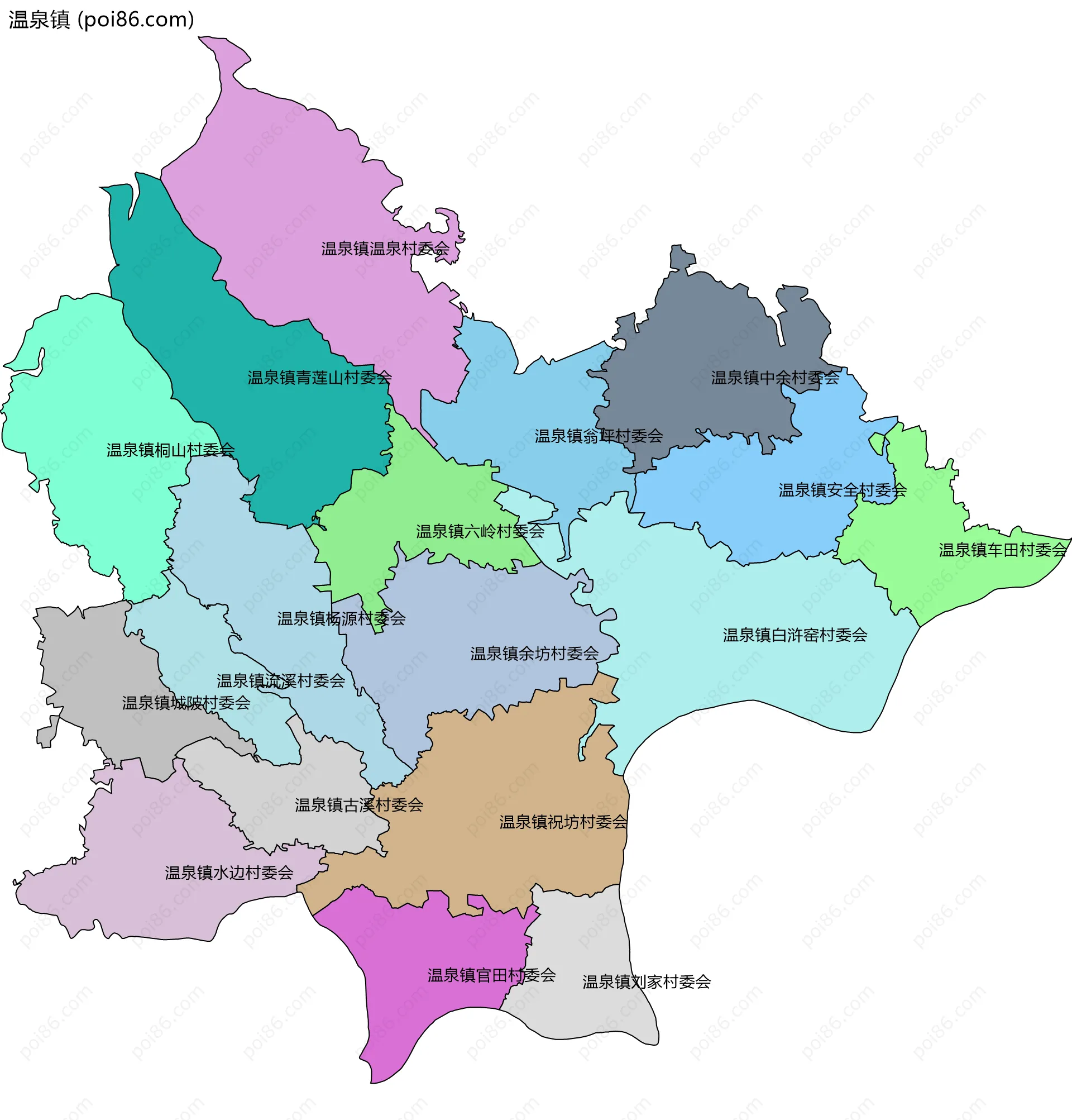 温泉镇边界地图(五级行政区划)