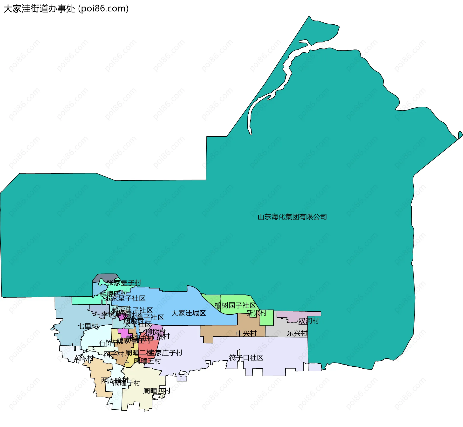 大家洼街道办事处边界地图(五级行政区划)