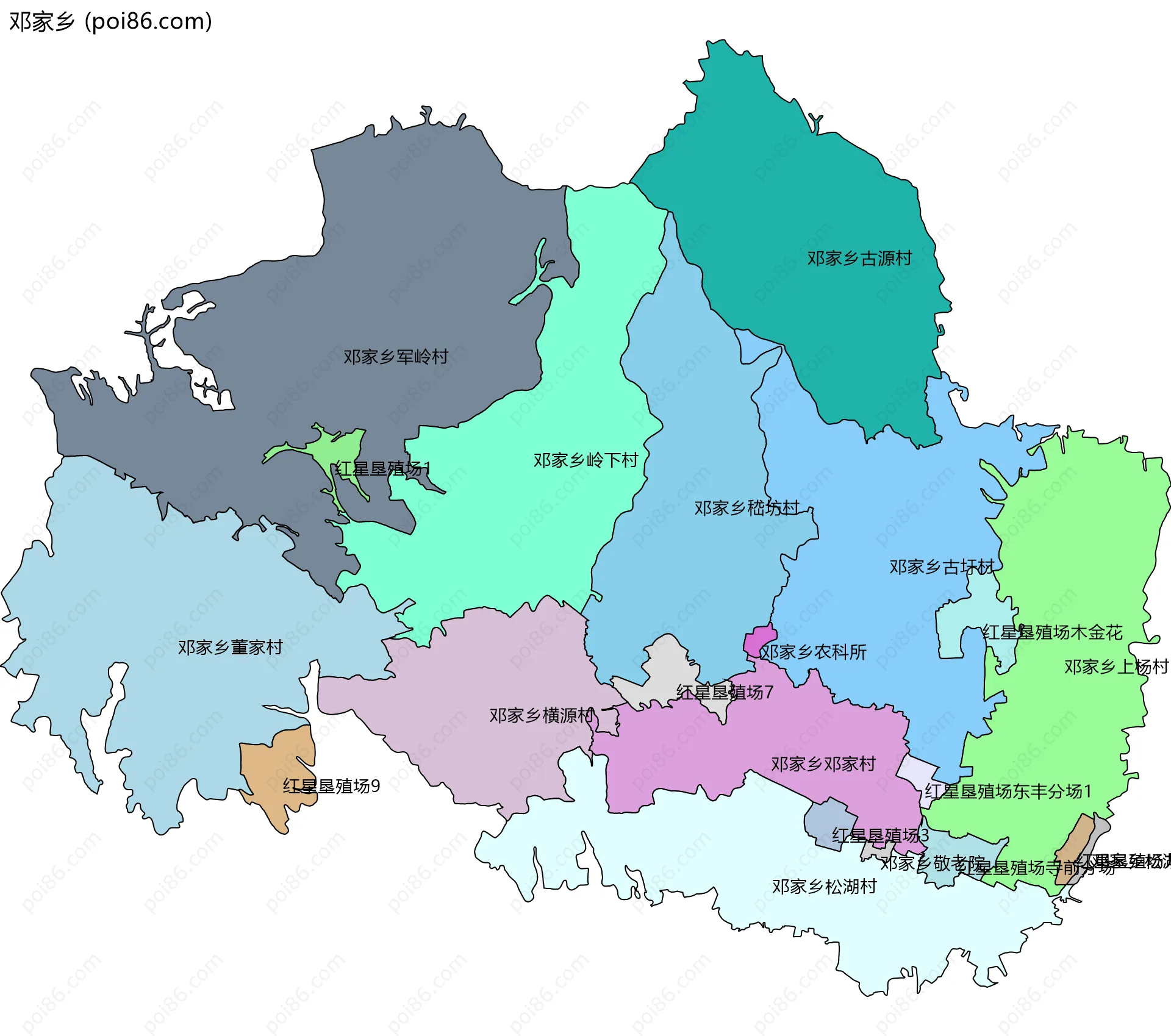 邓家乡边界地图(五级行政区划)