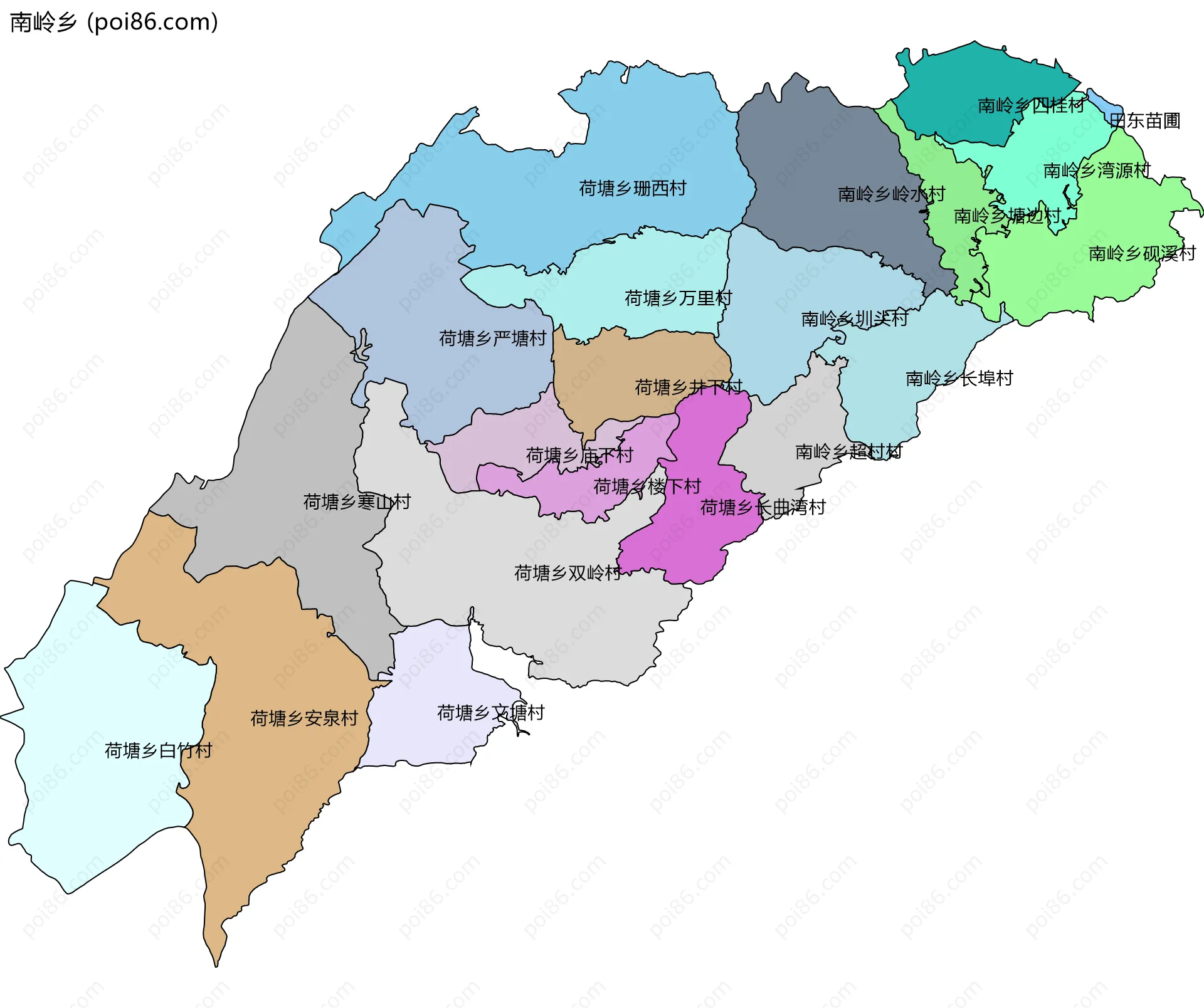 南岭乡边界地图(五级行政区划)