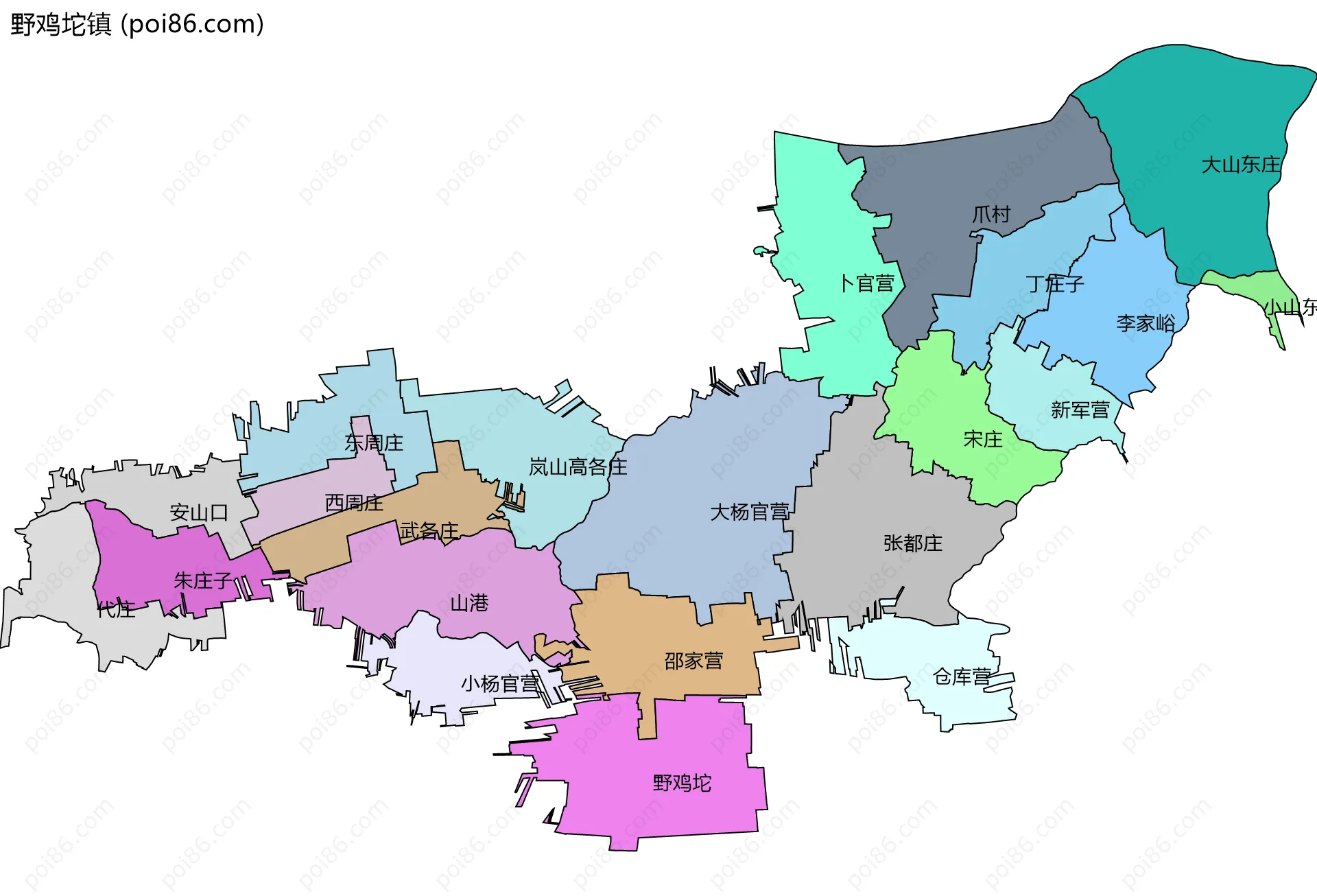 野鸡坨镇边界地图(五级行政区划)