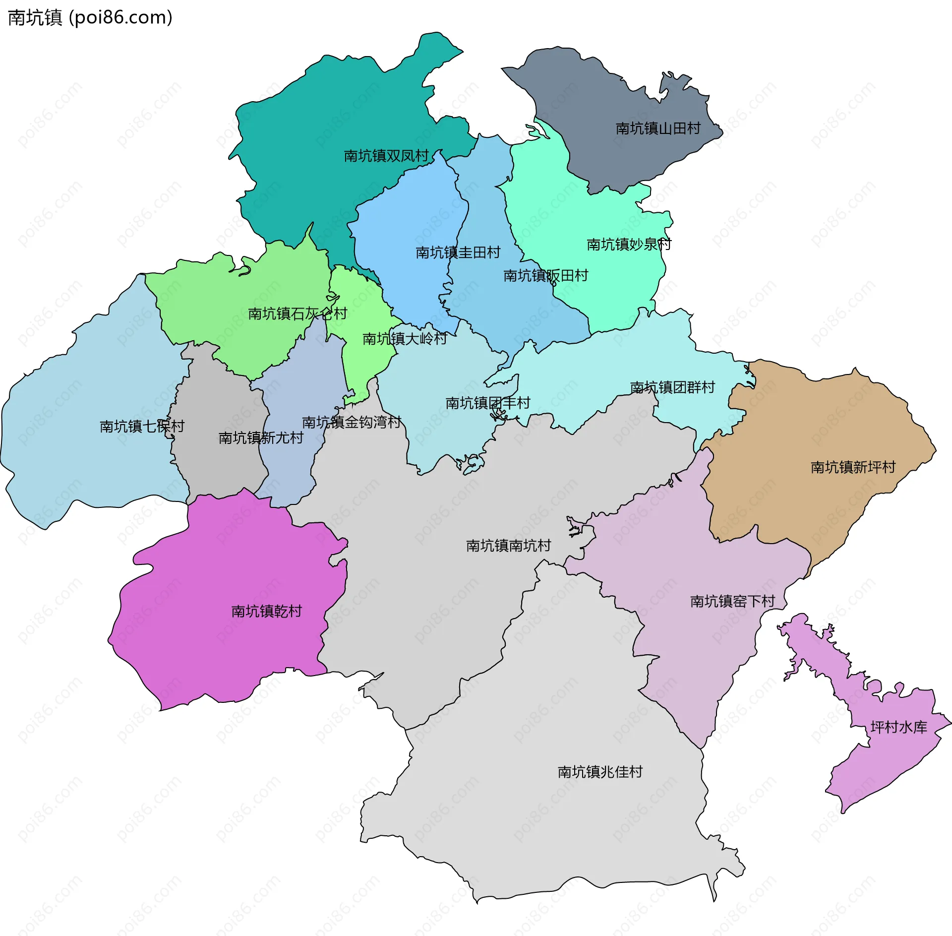 南坑镇边界地图(五级行政区划)