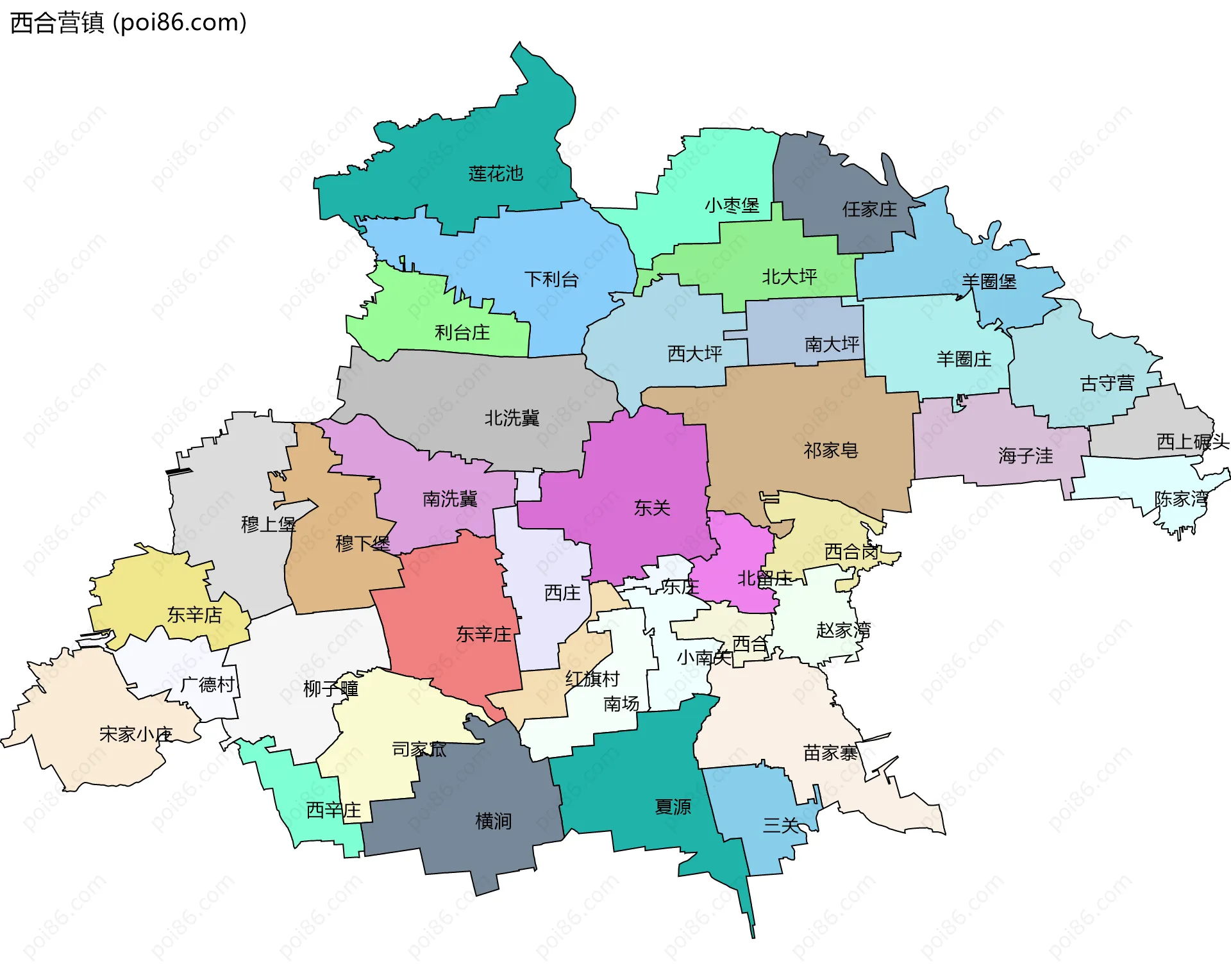 西合营镇边界地图(五级行政区划)