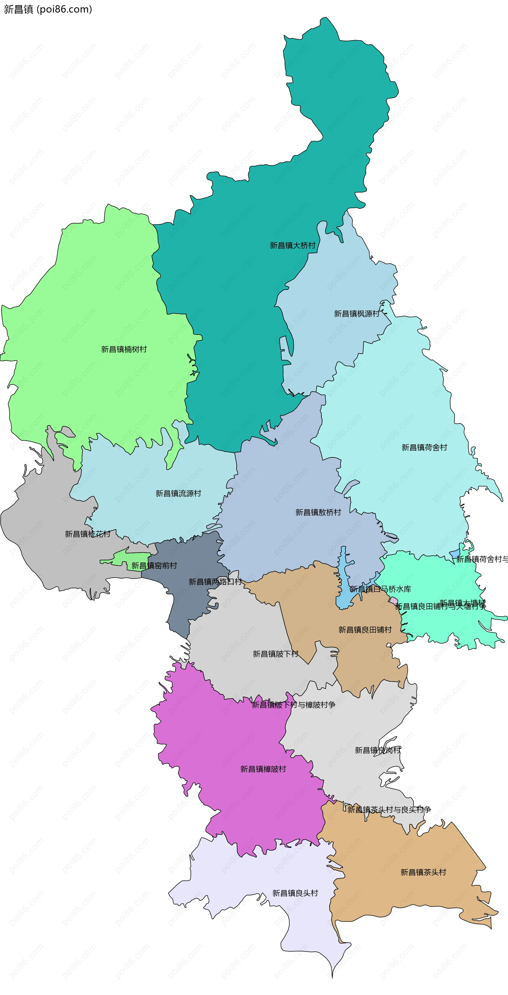 新昌镇边界地图(五级行政区划)