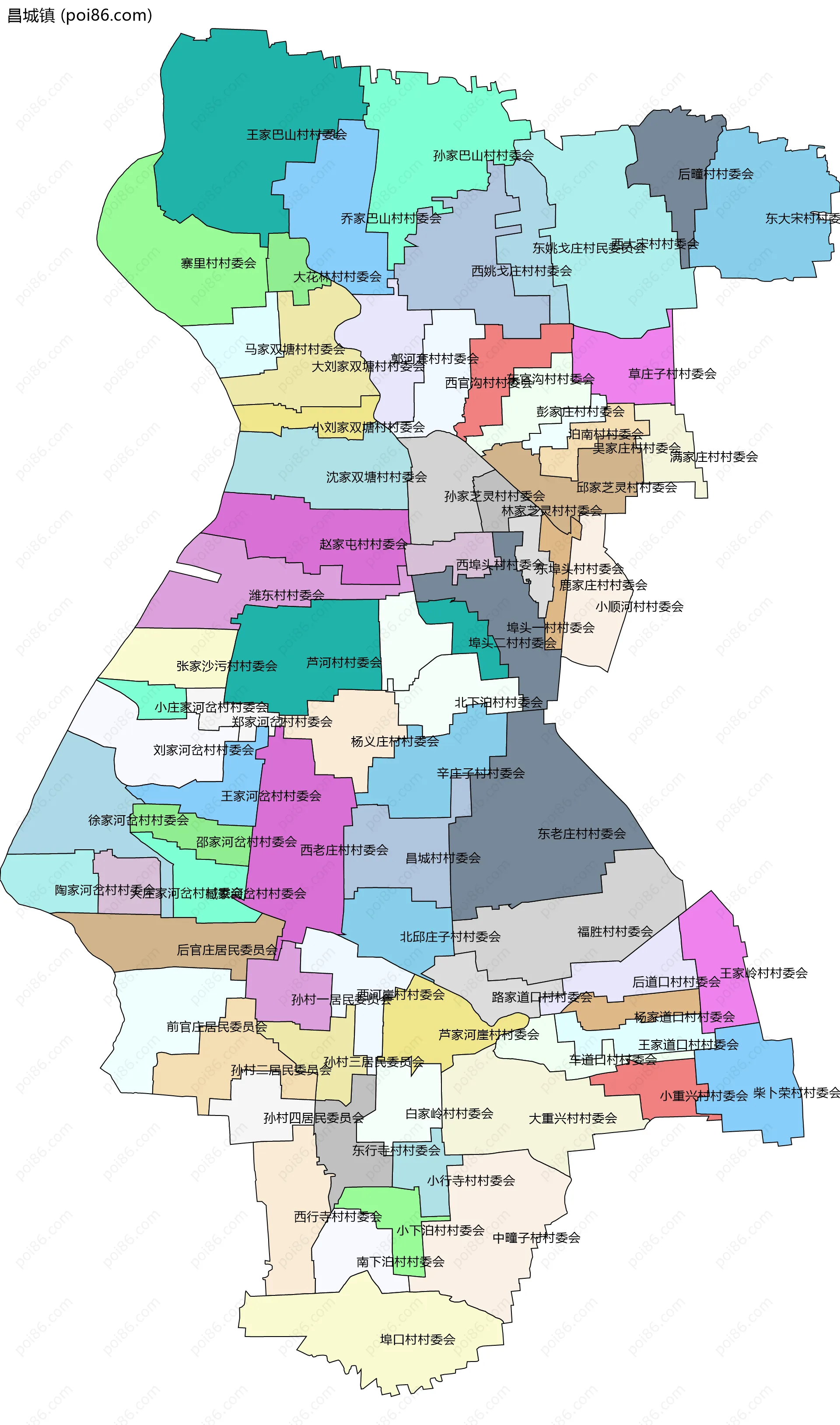 昌城镇边界地图(五级行政区划)