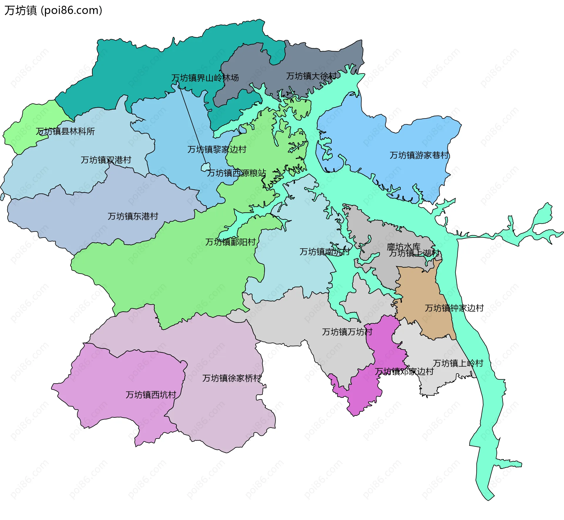 万坊镇边界地图(五级行政区划)