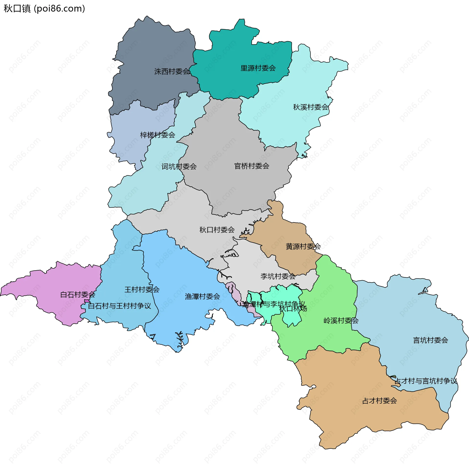 秋口镇边界地图(五级行政区划)