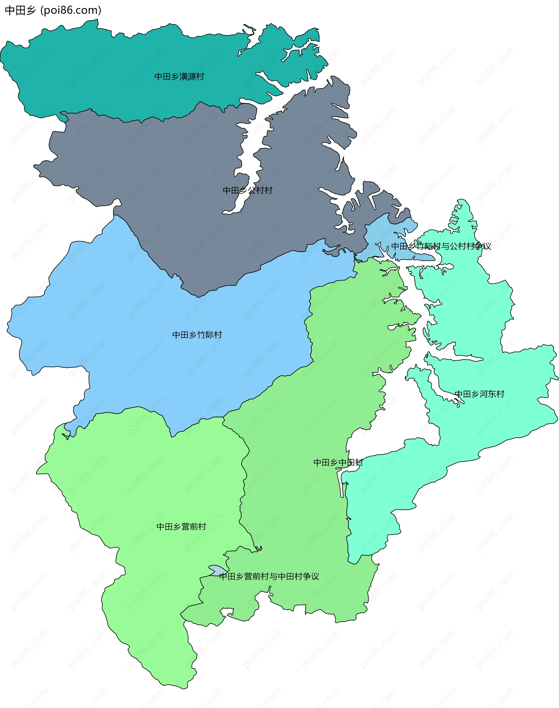 中田乡边界地图(五级行政区划)