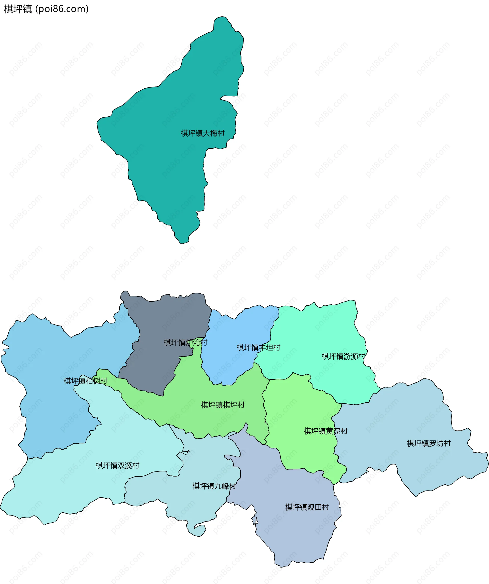 棋坪镇边界地图(五级行政区划)