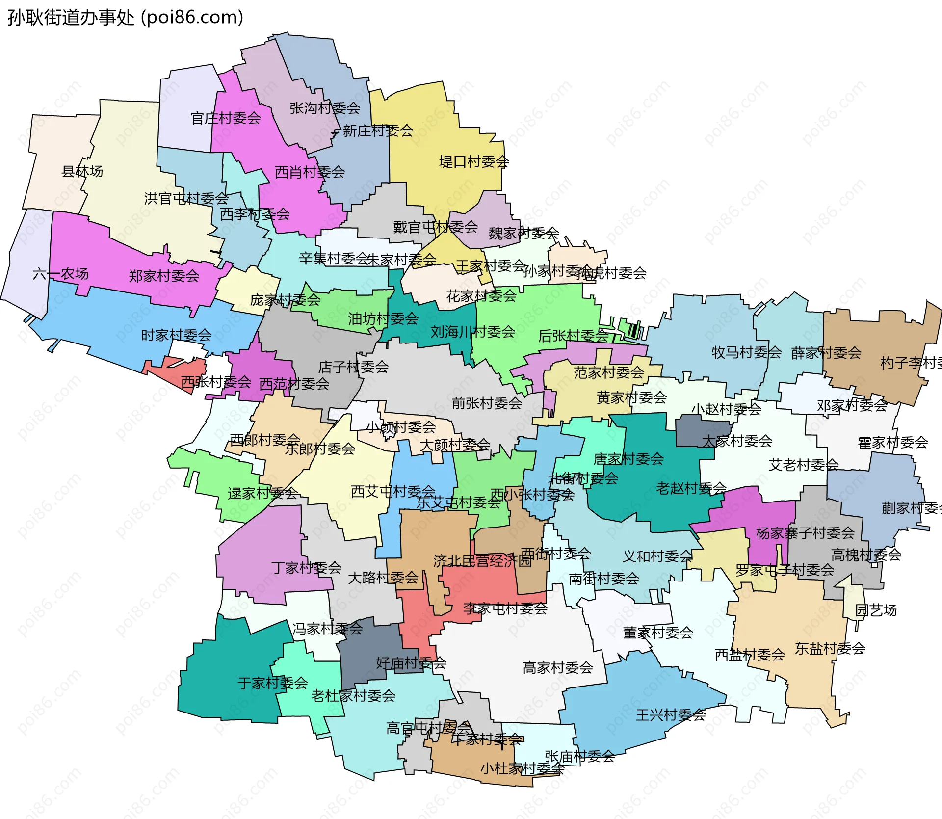 孙耿街道办事处边界地图(五级行政区划)