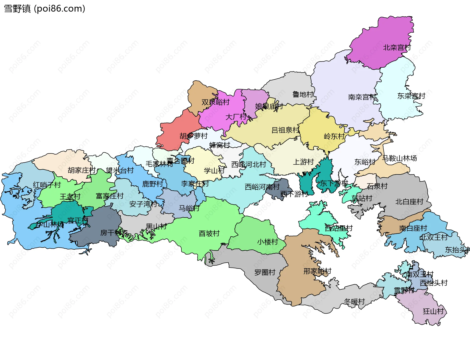 雪野镇边界地图(五级行政区划)
