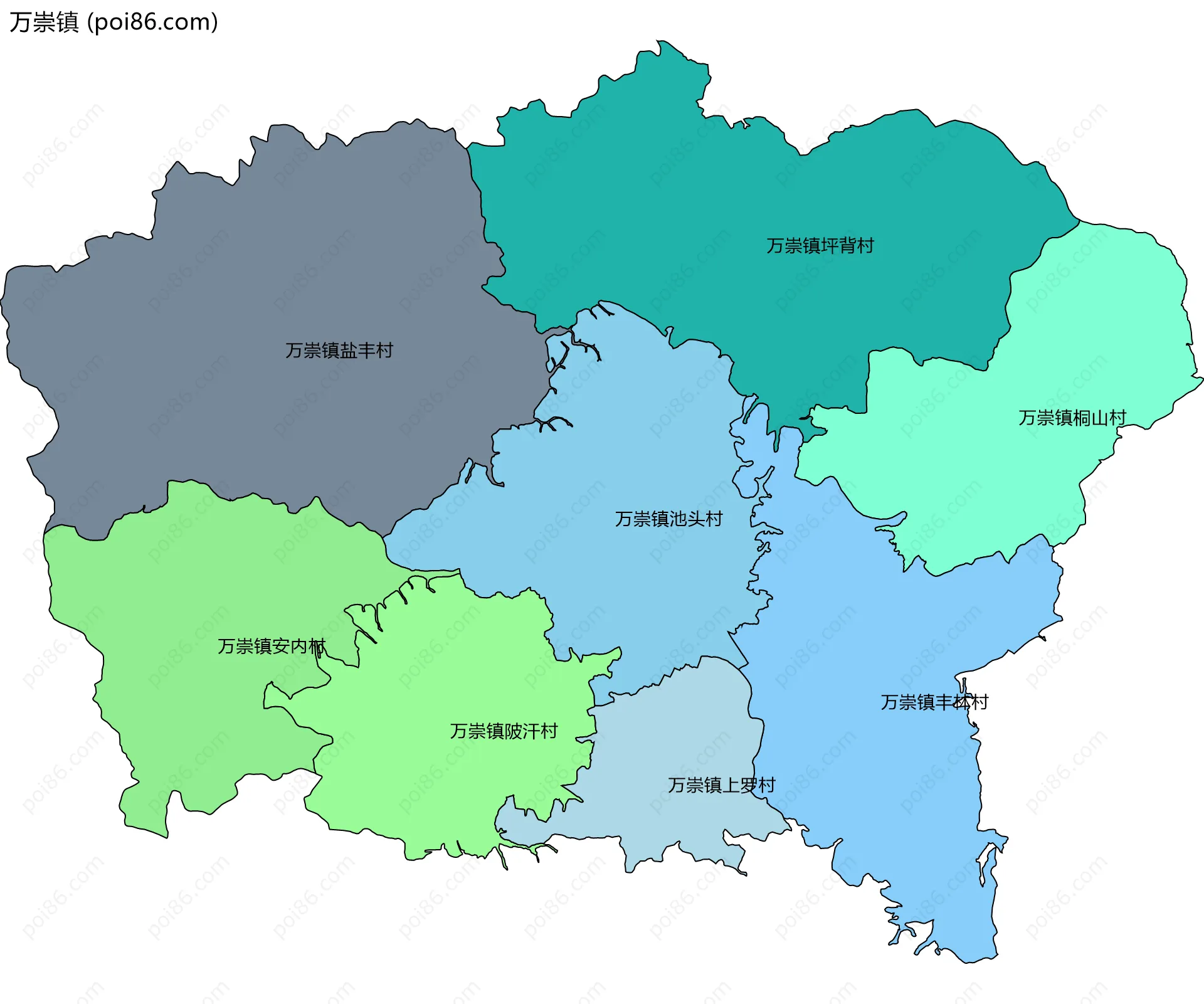 万崇镇边界地图(五级行政区划)