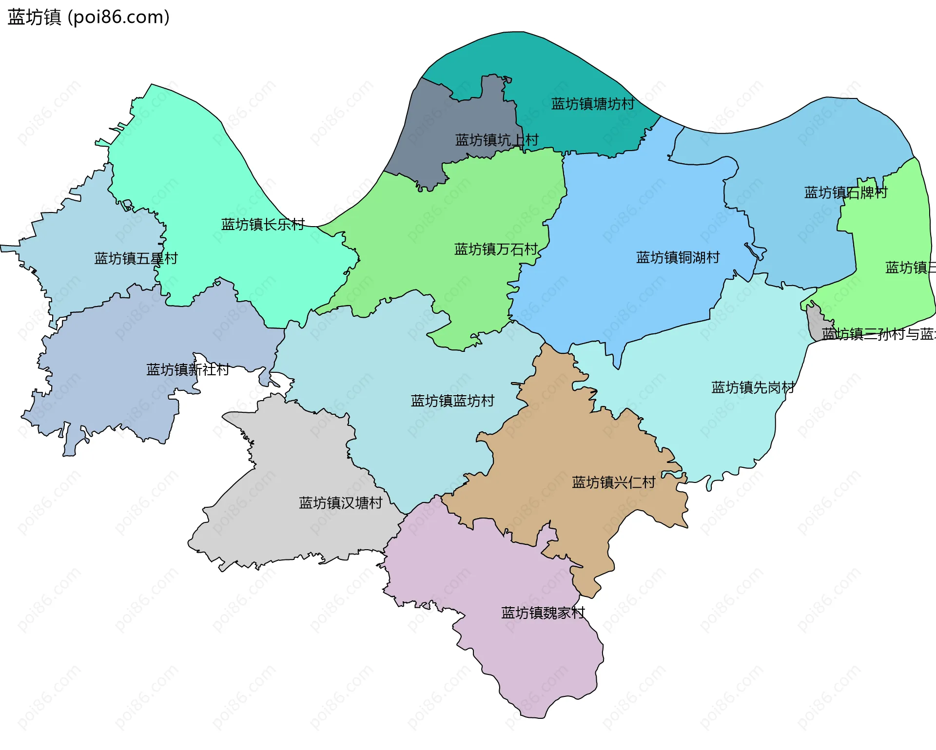 蓝坊镇边界地图(五级行政区划)