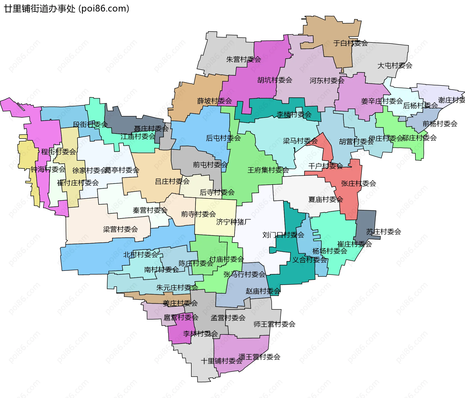廿里铺街道办事处边界地图(五级行政区划)