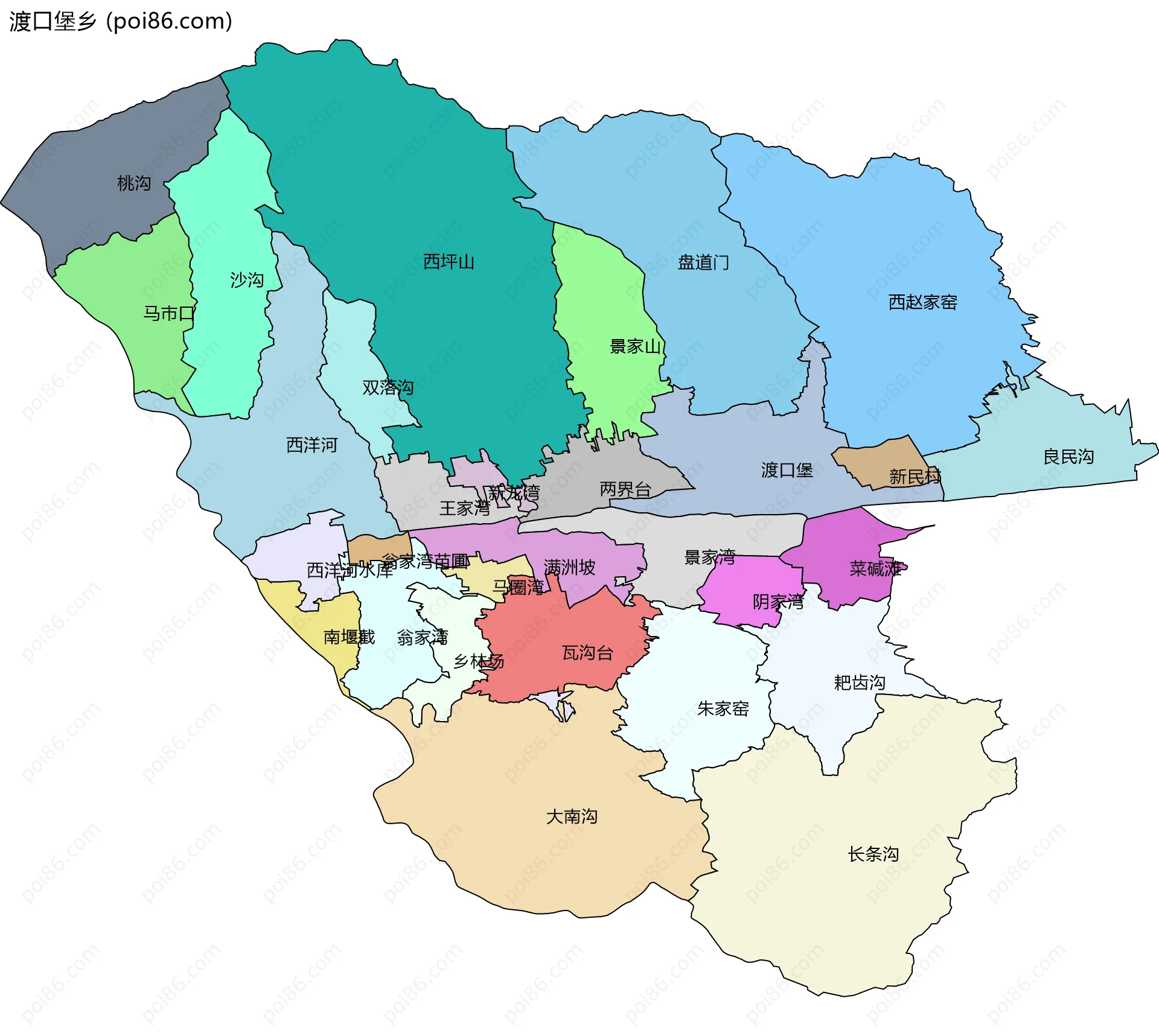 渡口堡乡边界地图(五级行政区划)