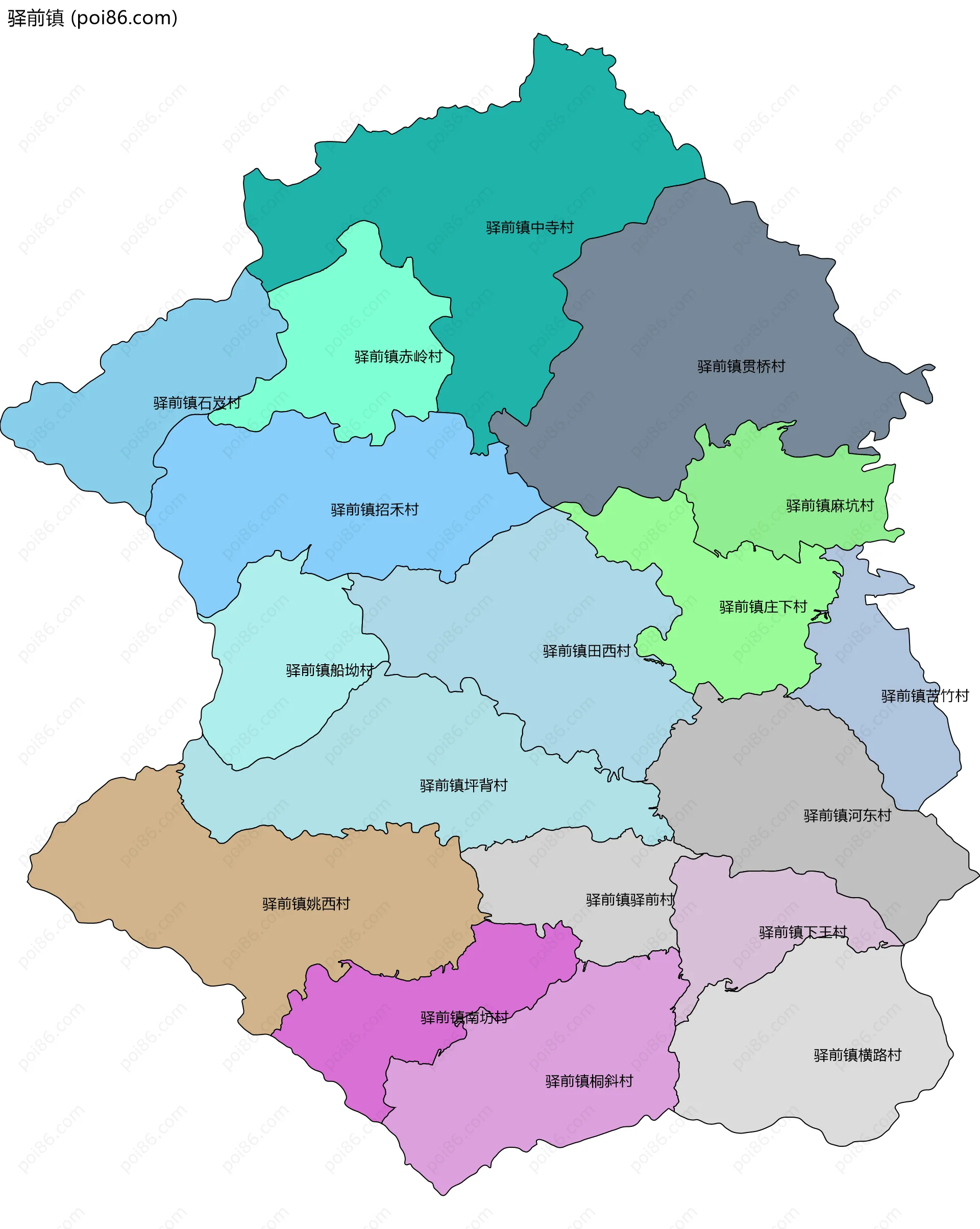 驿前镇边界地图(五级行政区划)