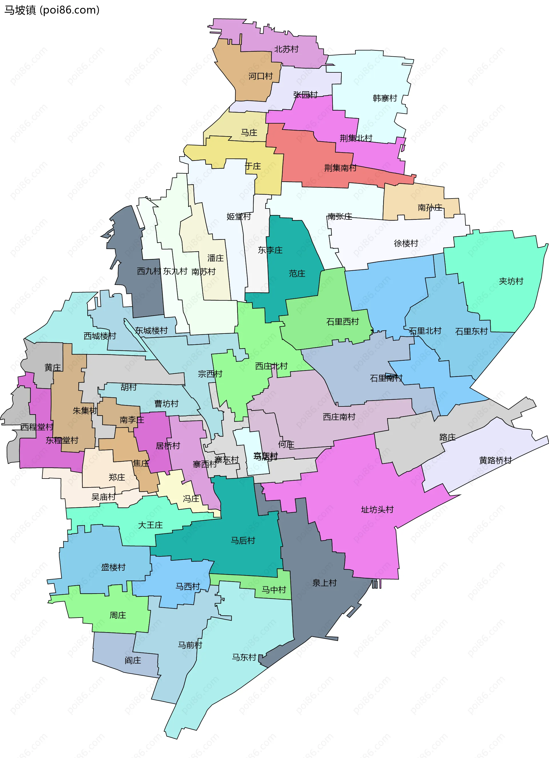 马坡镇边界地图(五级行政区划)