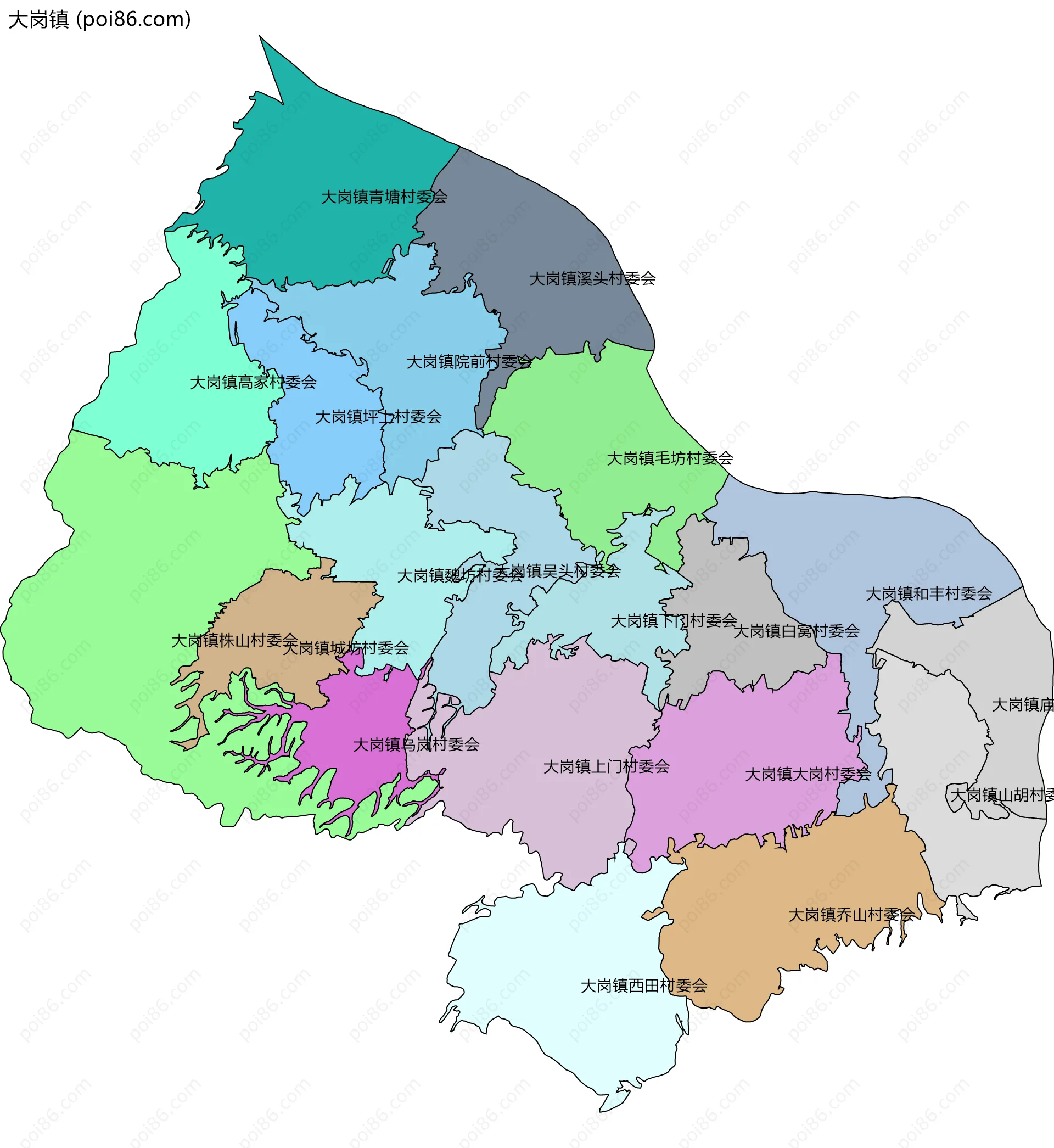 大岗镇边界地图(五级行政区划)