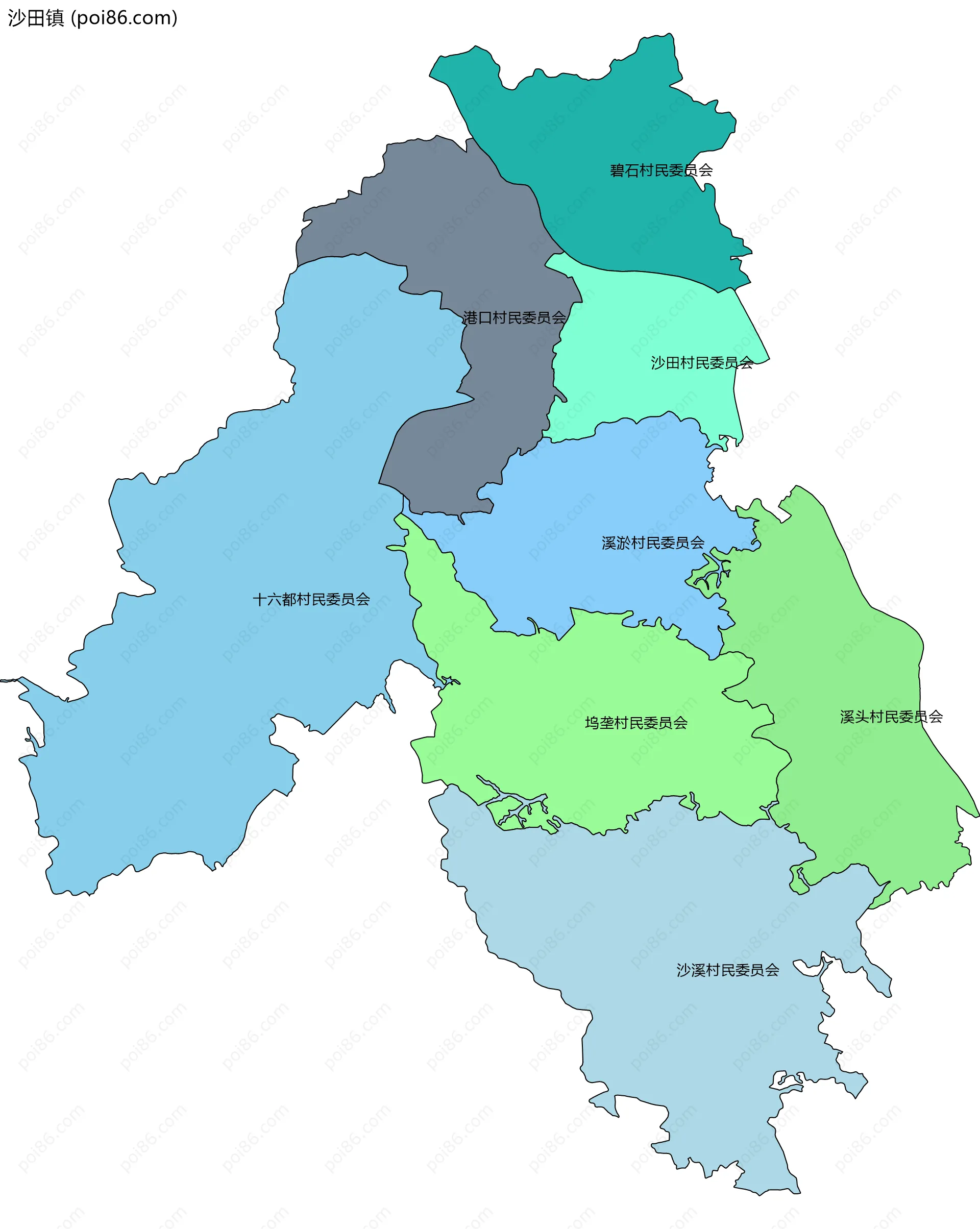 沙田镇边界地图(五级行政区划)