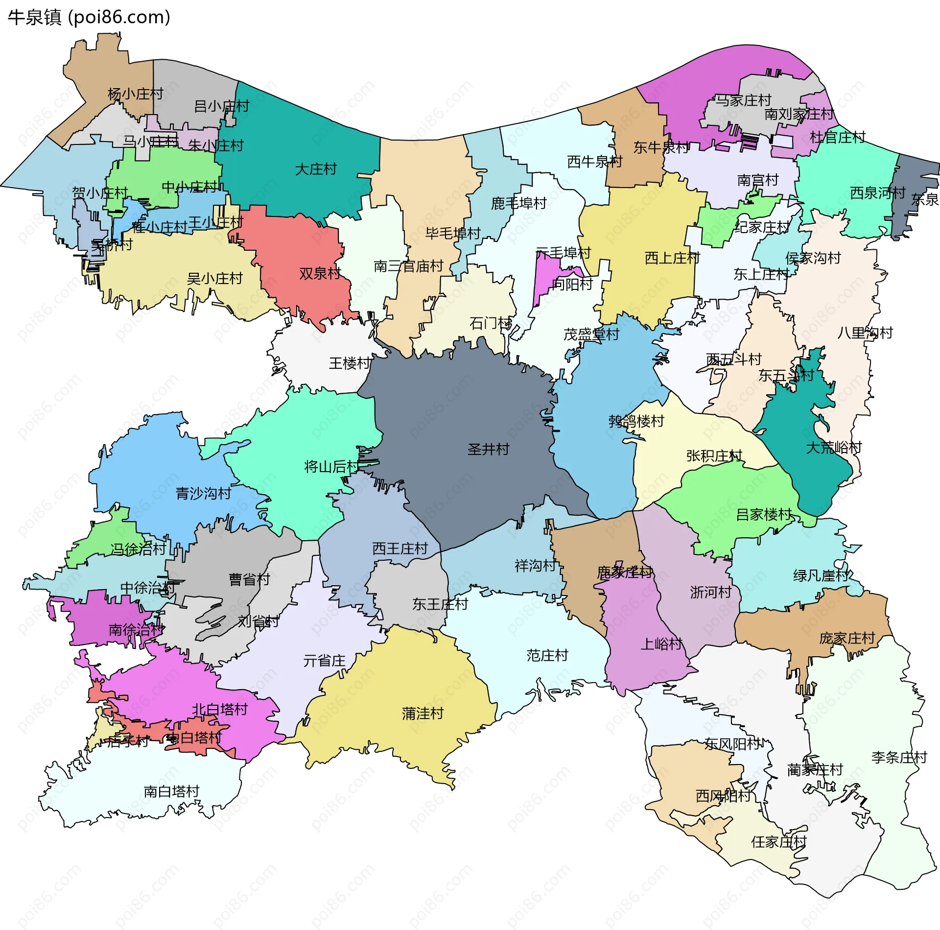 牛泉镇边界地图(五级行政区划)