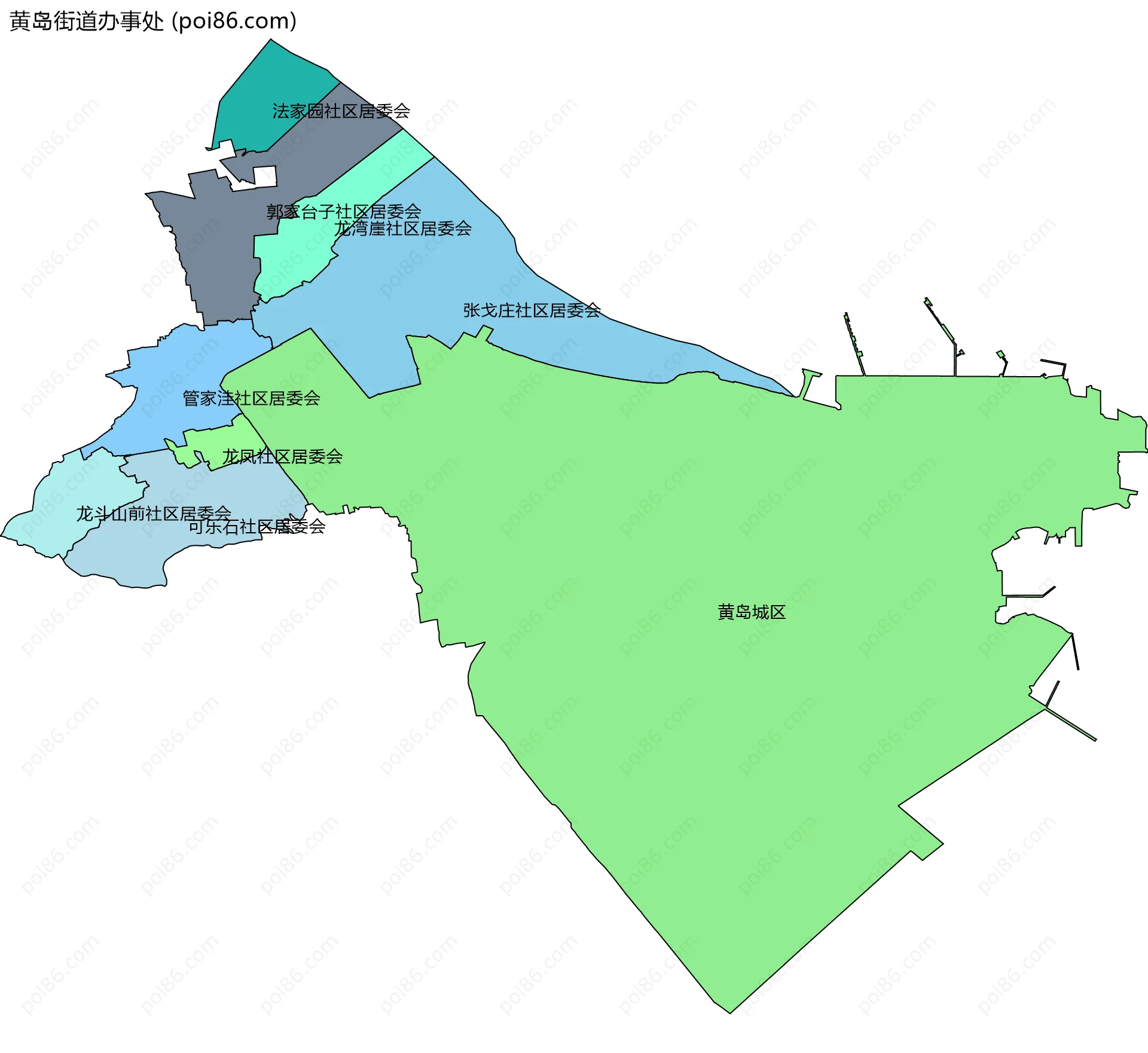 黄岛街道办事处边界地图(五级行政区划)