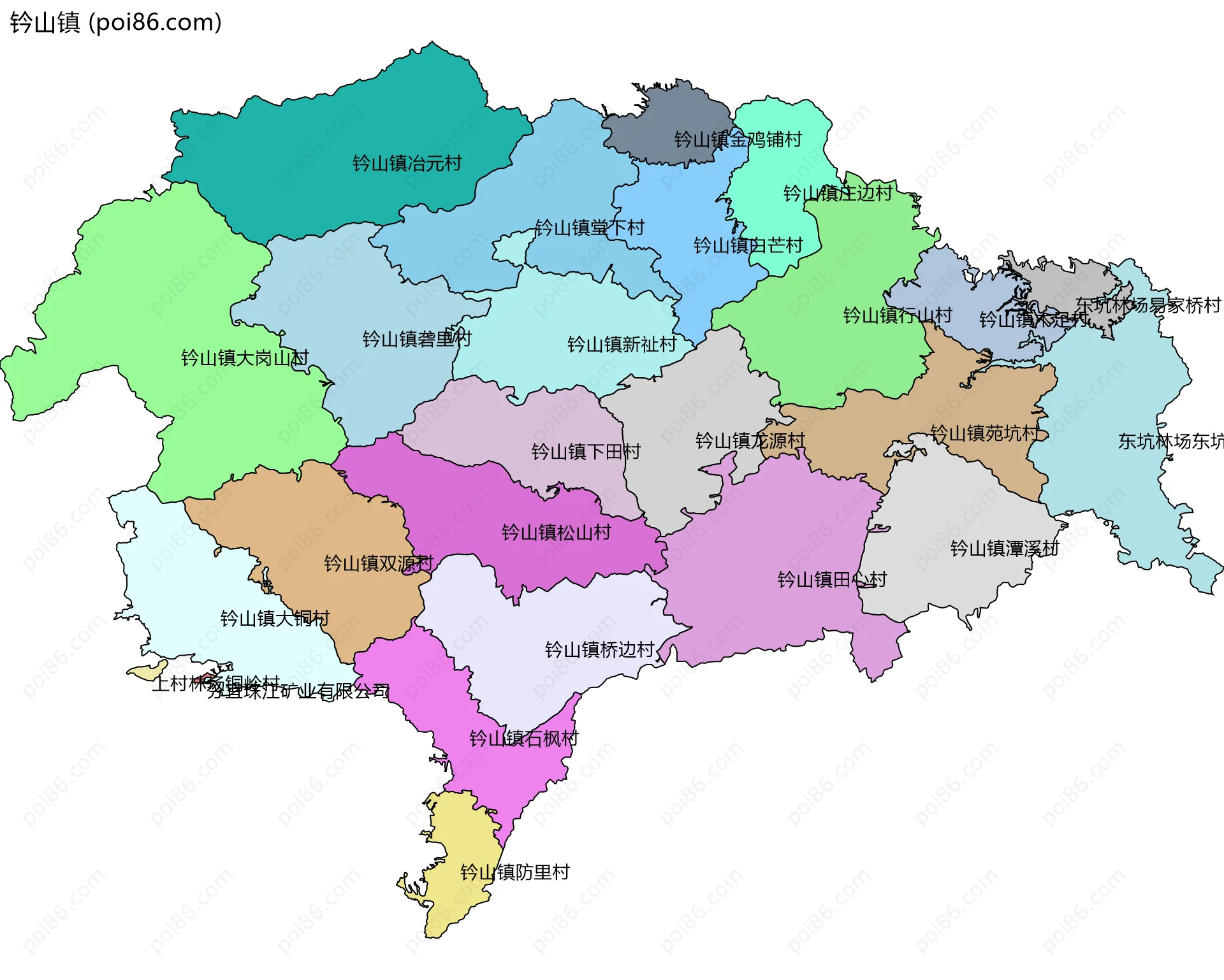 钤山镇边界地图(五级行政区划)