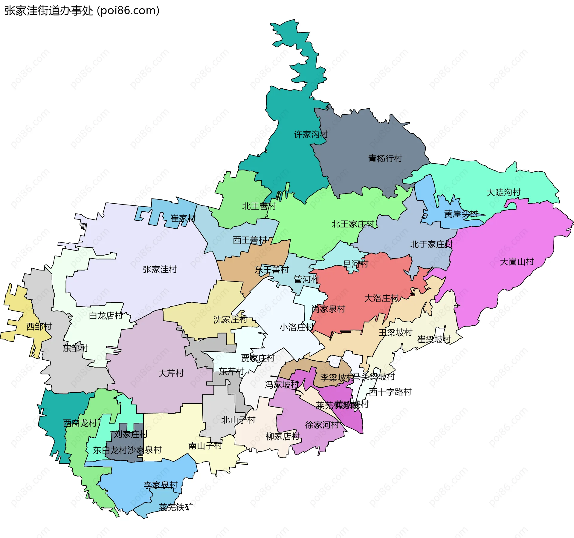 张家洼街道办事处边界地图(五级行政区划)