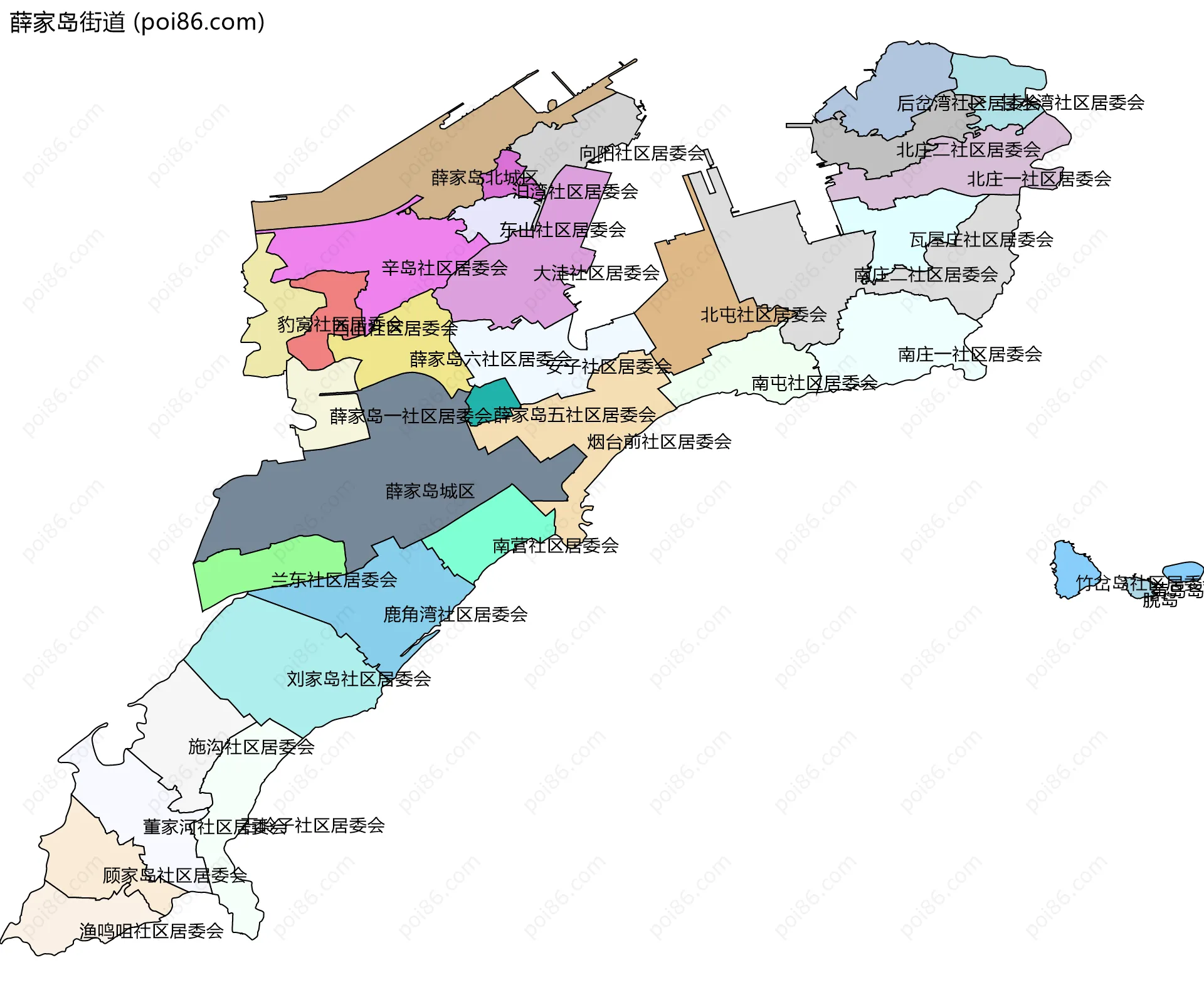 薛家岛街道边界地图(五级行政区划)