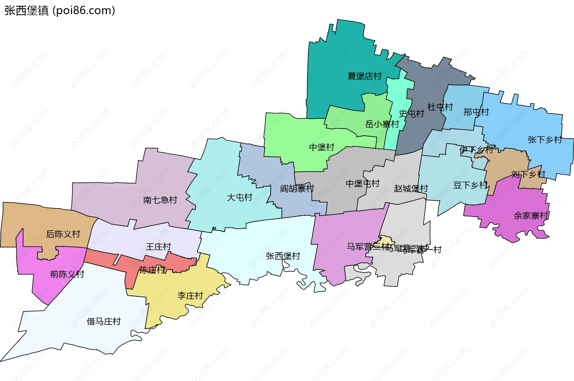 张西堡镇边界地图(五级行政区划)
