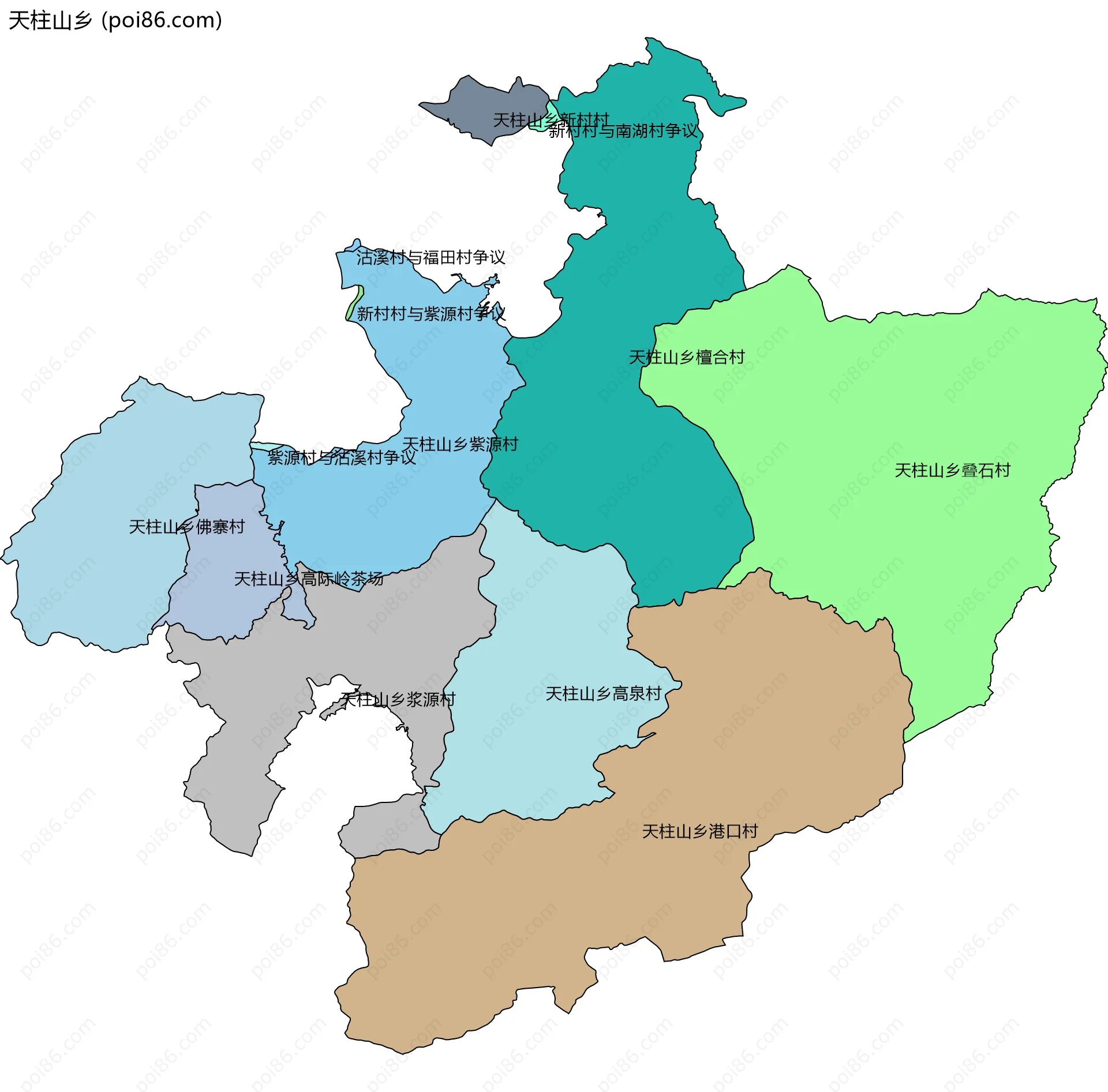 天柱山乡边界地图(五级行政区划)