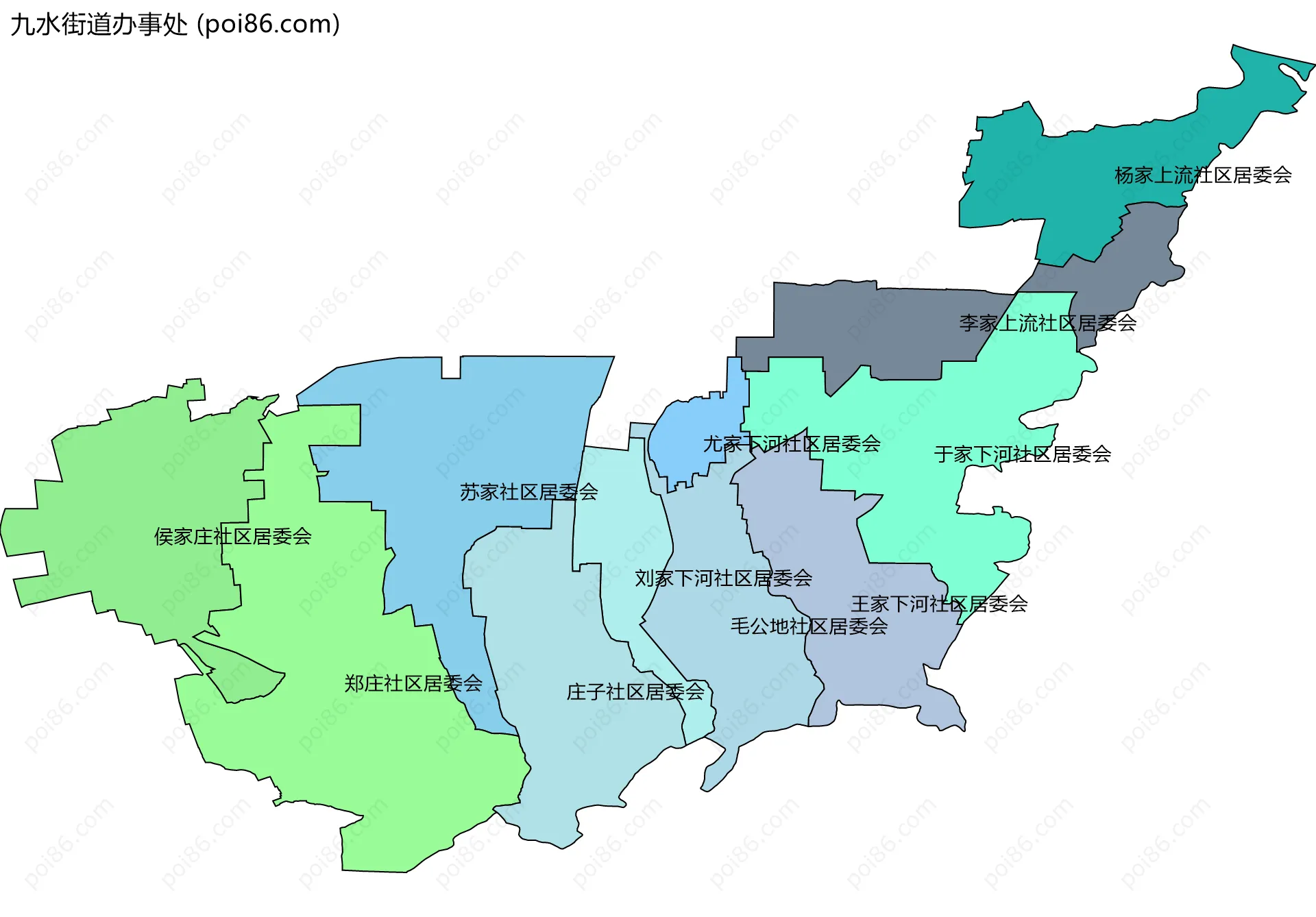 九水街道办事处边界地图(五级行政区划)