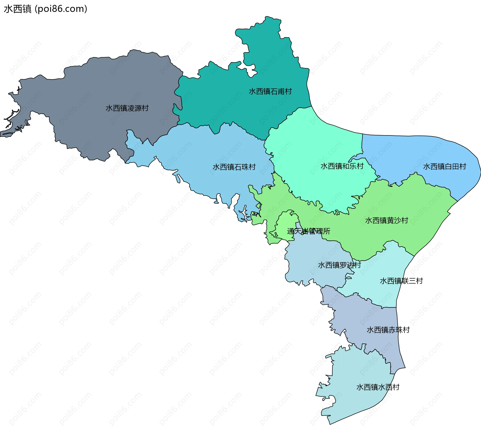 水西镇边界地图(五级行政区划)
