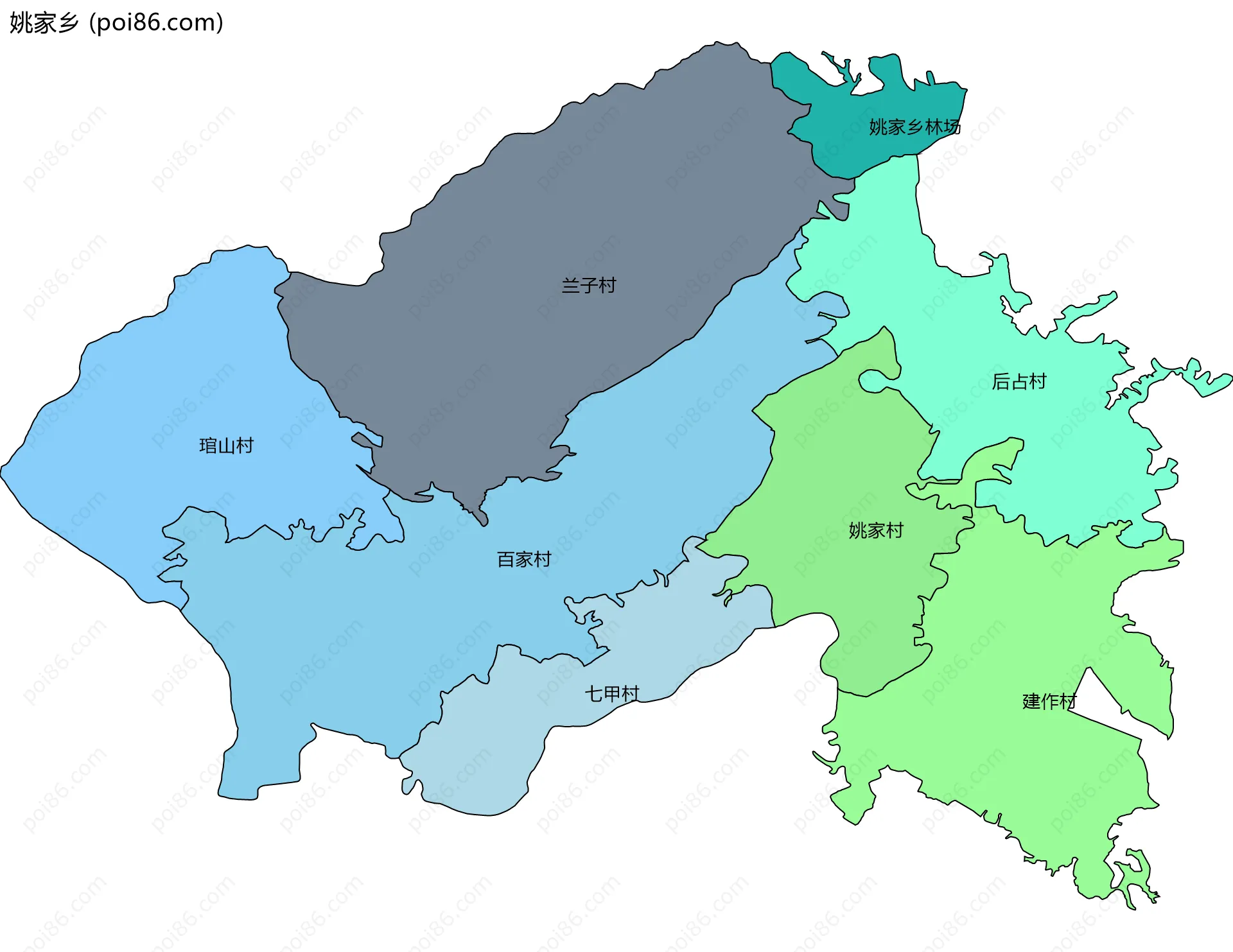 姚家乡边界地图(五级行政区划)
