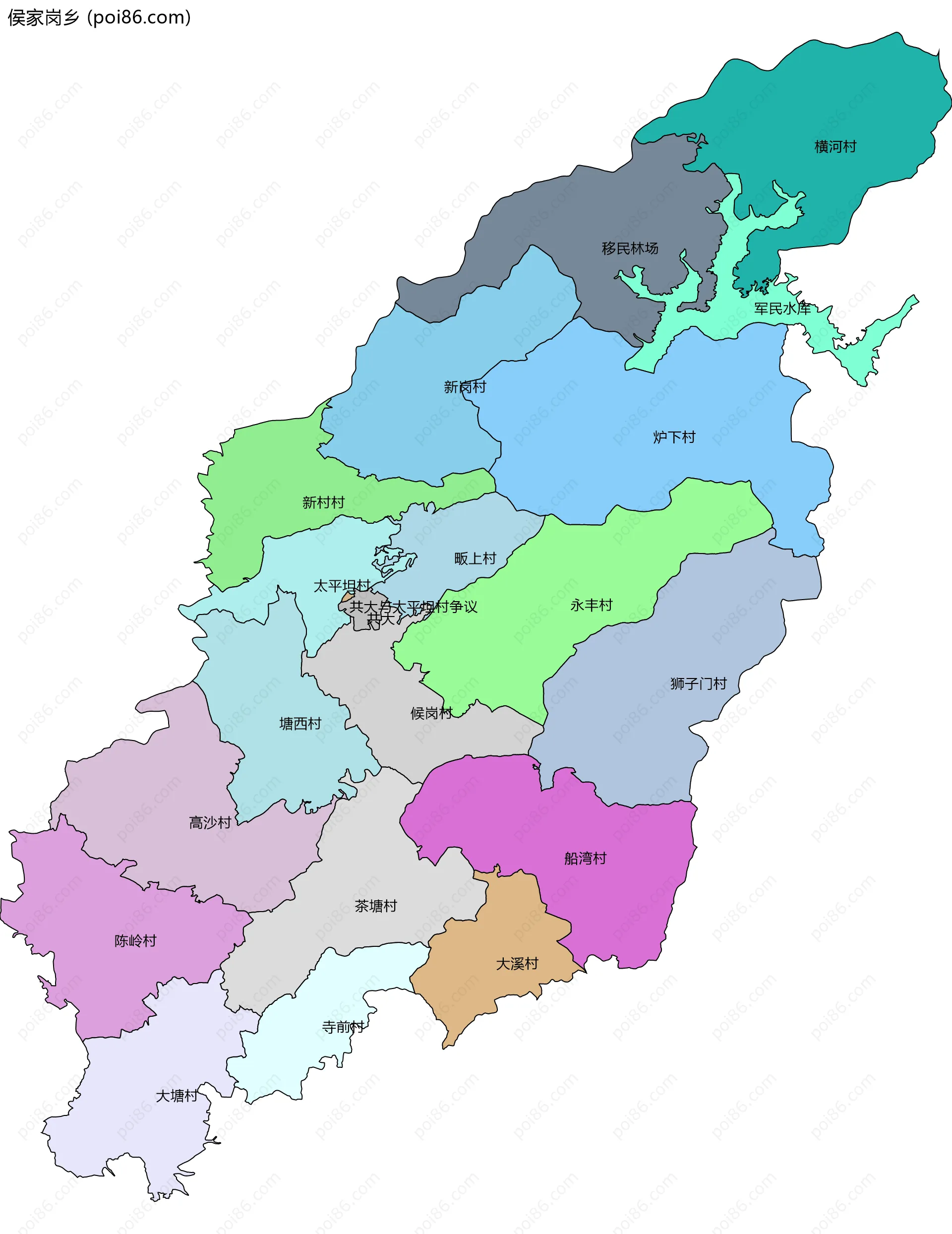 侯家岗乡边界地图(五级行政区划)