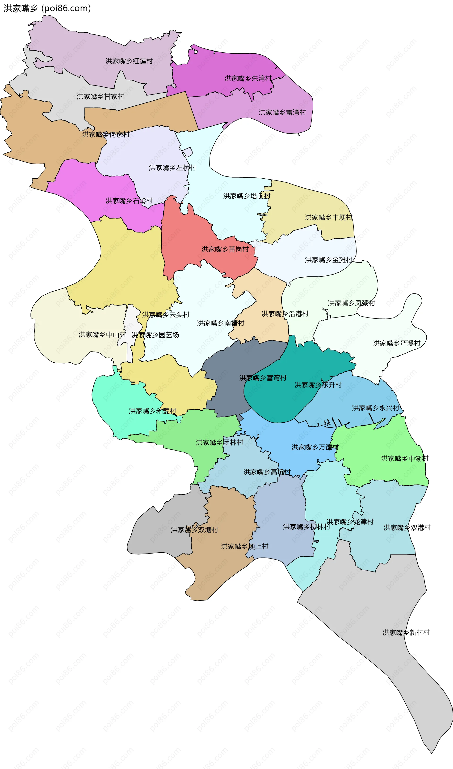 洪家嘴乡边界地图(五级行政区划)