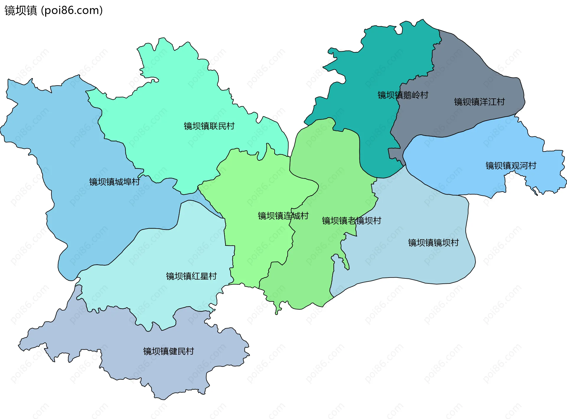镜坝镇边界地图(五级行政区划)