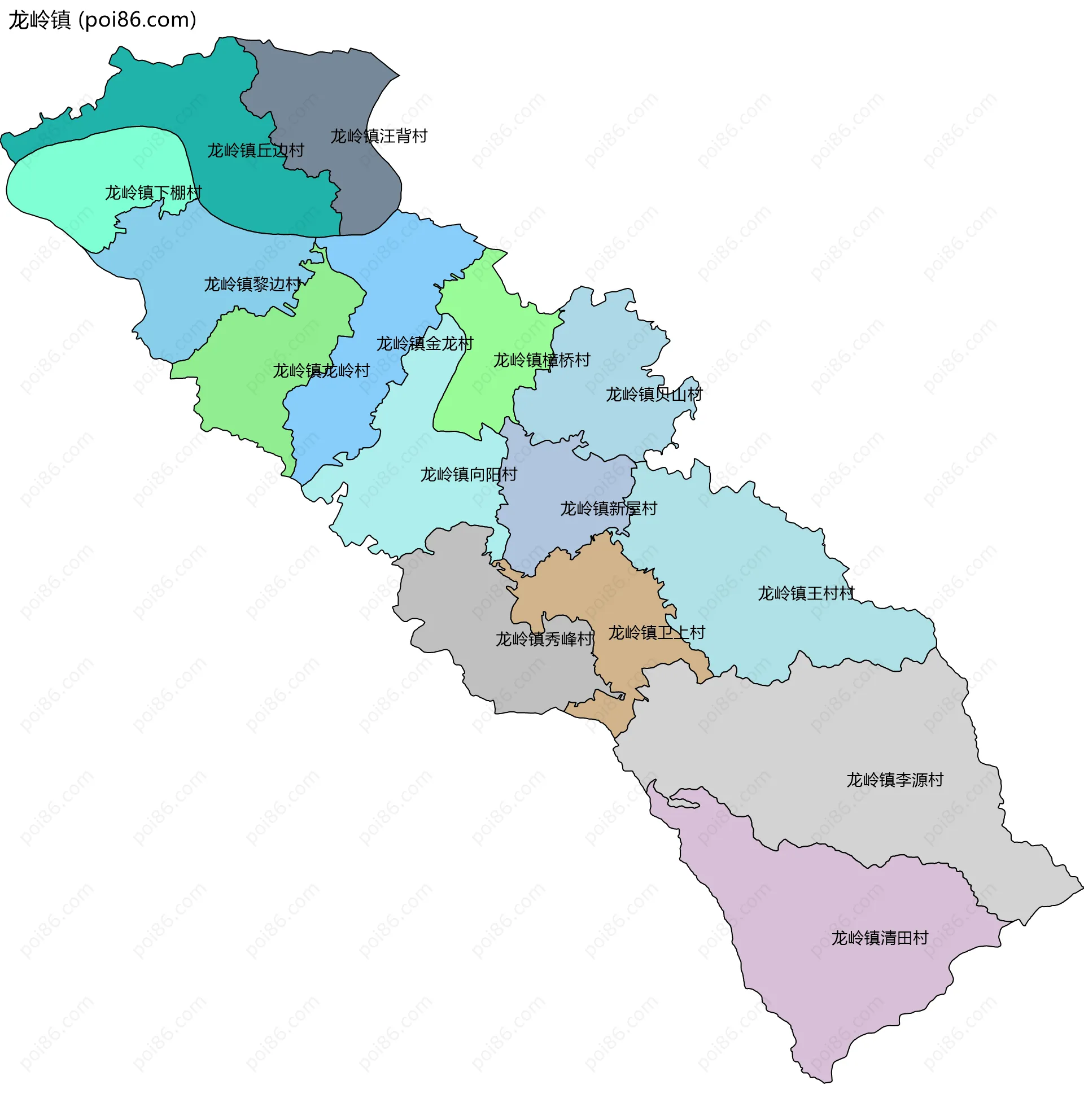 龙岭镇边界地图(五级行政区划)