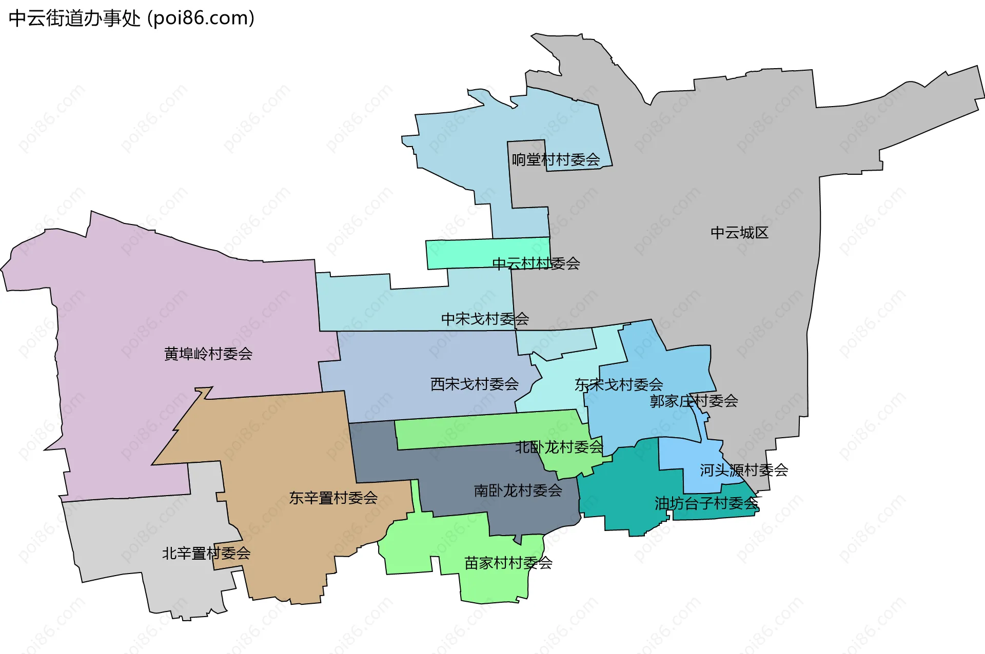 中云街道办事处边界地图(五级行政区划)