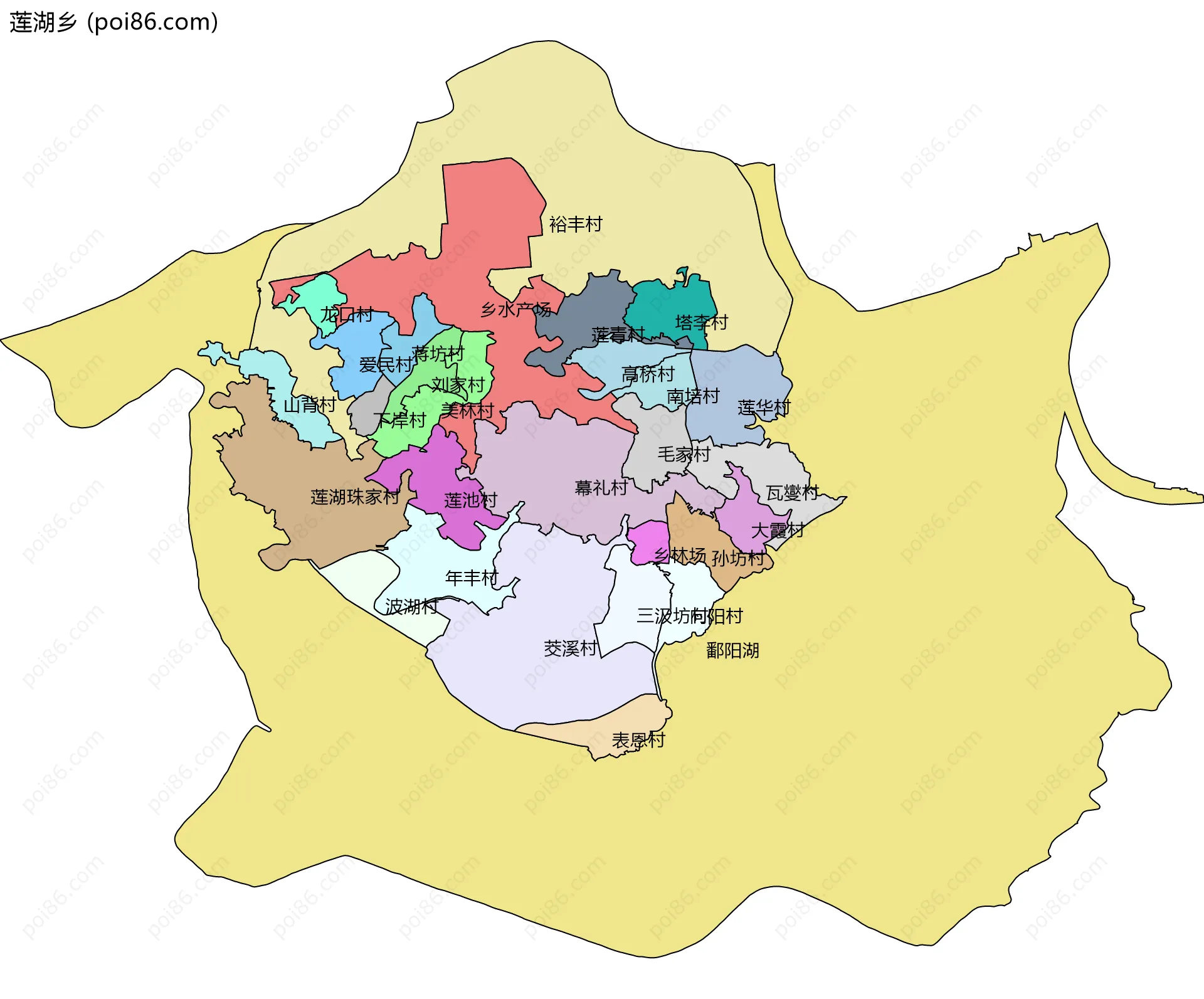 莲湖乡边界地图(五级行政区划)